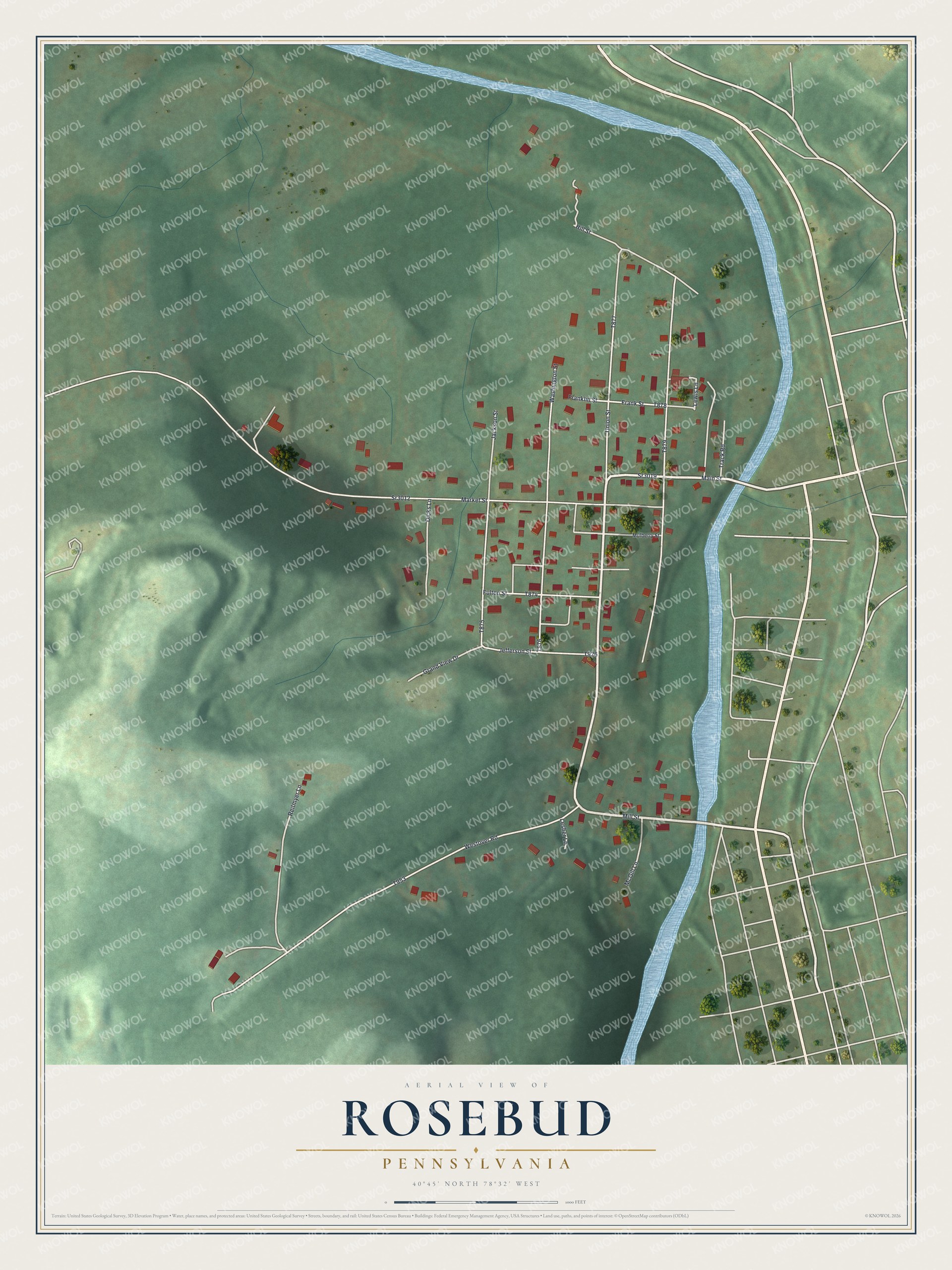 Full map of Rosebud, Pennsylvania, with red buildings, printed street names and the land around them