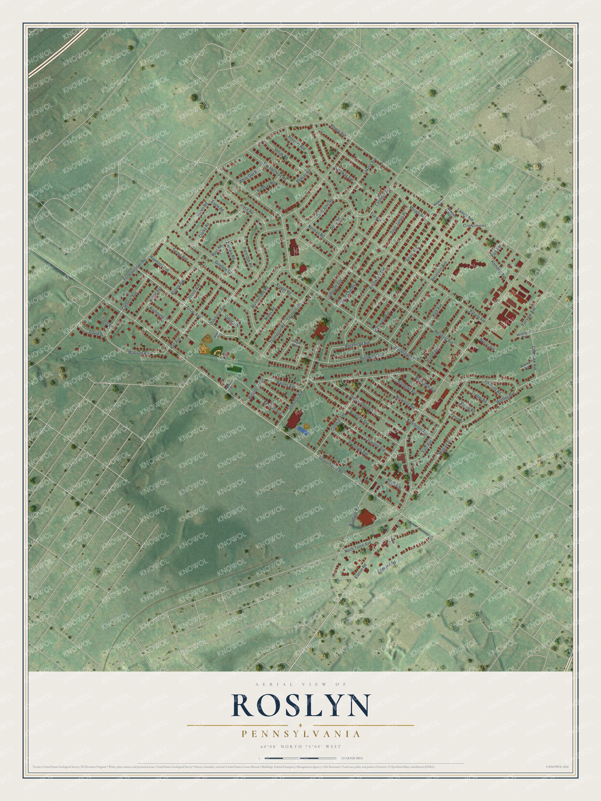 Full map of Roslyn, Pennsylvania, with red buildings, printed street names and the land around them