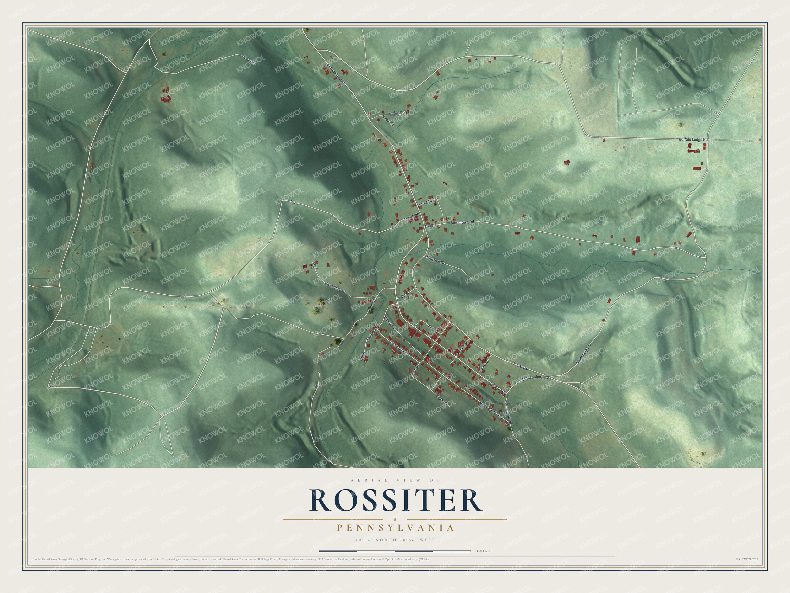 Full map of Rossiter, Pennsylvania, with red buildings, printed street names and the land around them
