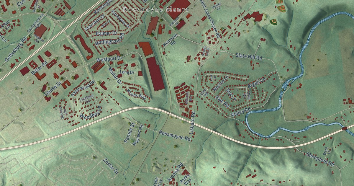 Close-up of streets and buildings in Rossmoyne, Pennsylvania