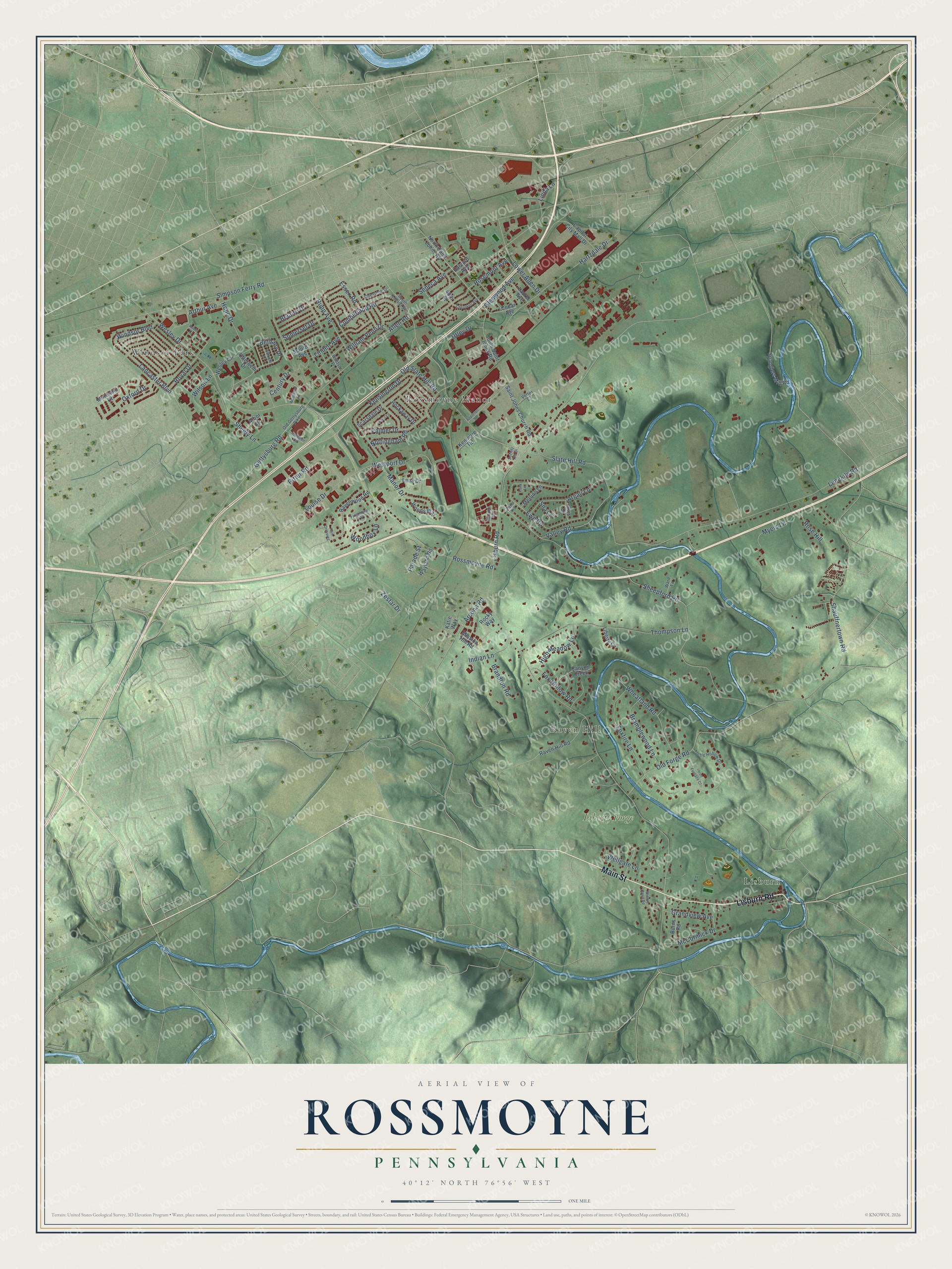 Full map of Rossmoyne, Pennsylvania, with red buildings, printed street names and the land around them