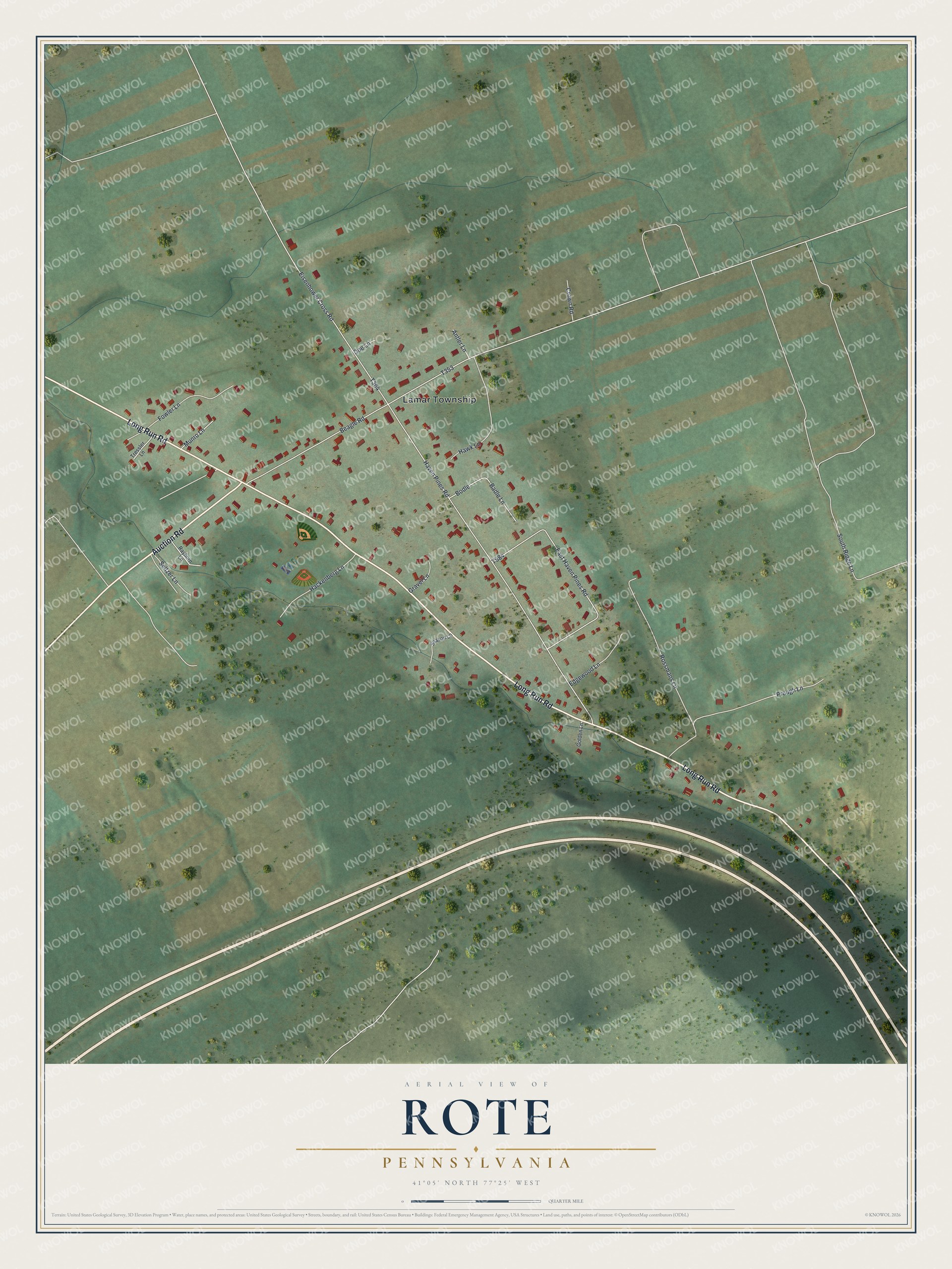 Full map of Rote, Pennsylvania, with red buildings, printed street names and the land around them