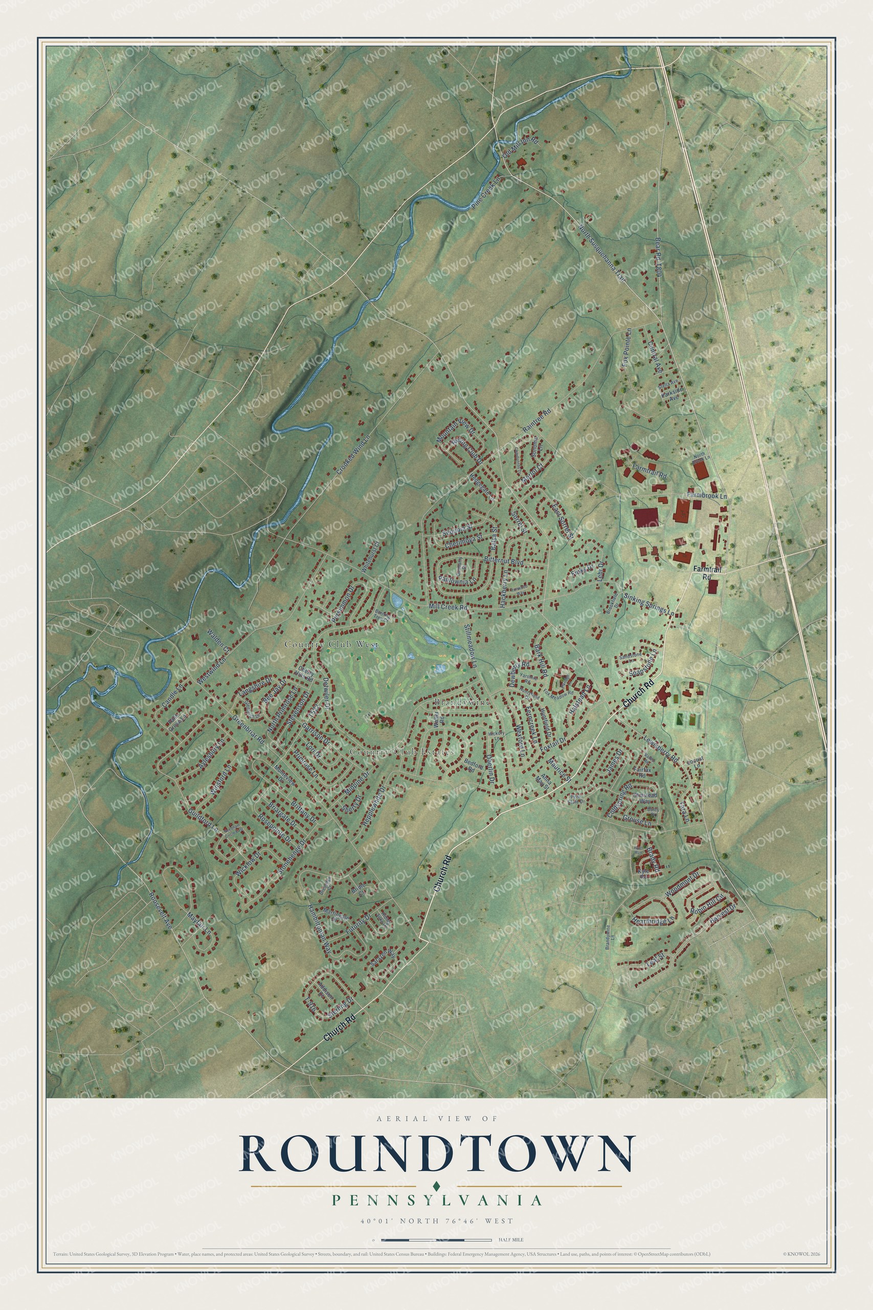 Full map of Roundtown, Pennsylvania, with red buildings, printed street names and the land around them