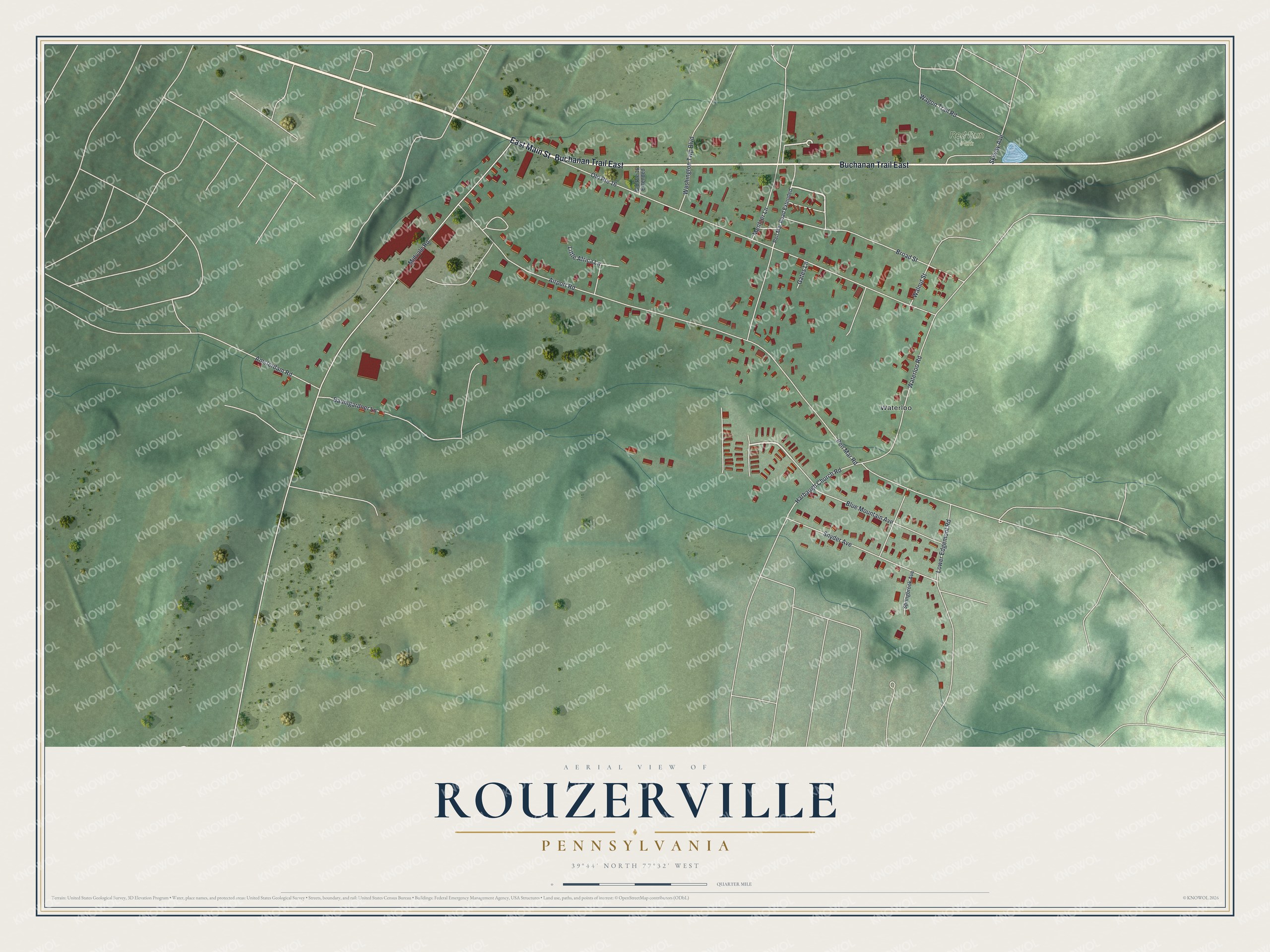 Full map of Rouzerville, Pennsylvania, with red buildings, printed street names and the land around them