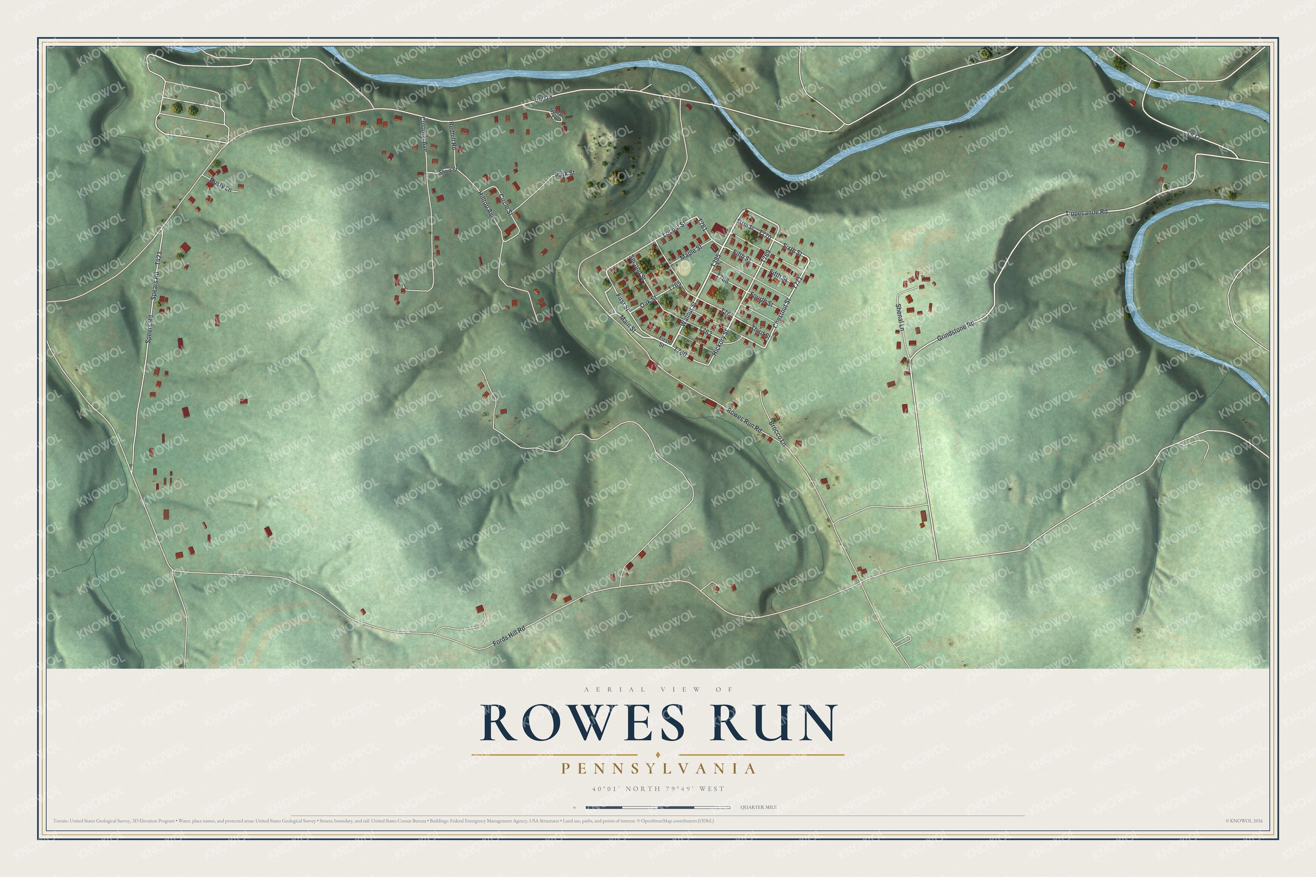 Full map of Rowes Run, Pennsylvania, with red buildings, printed street names and the land around them