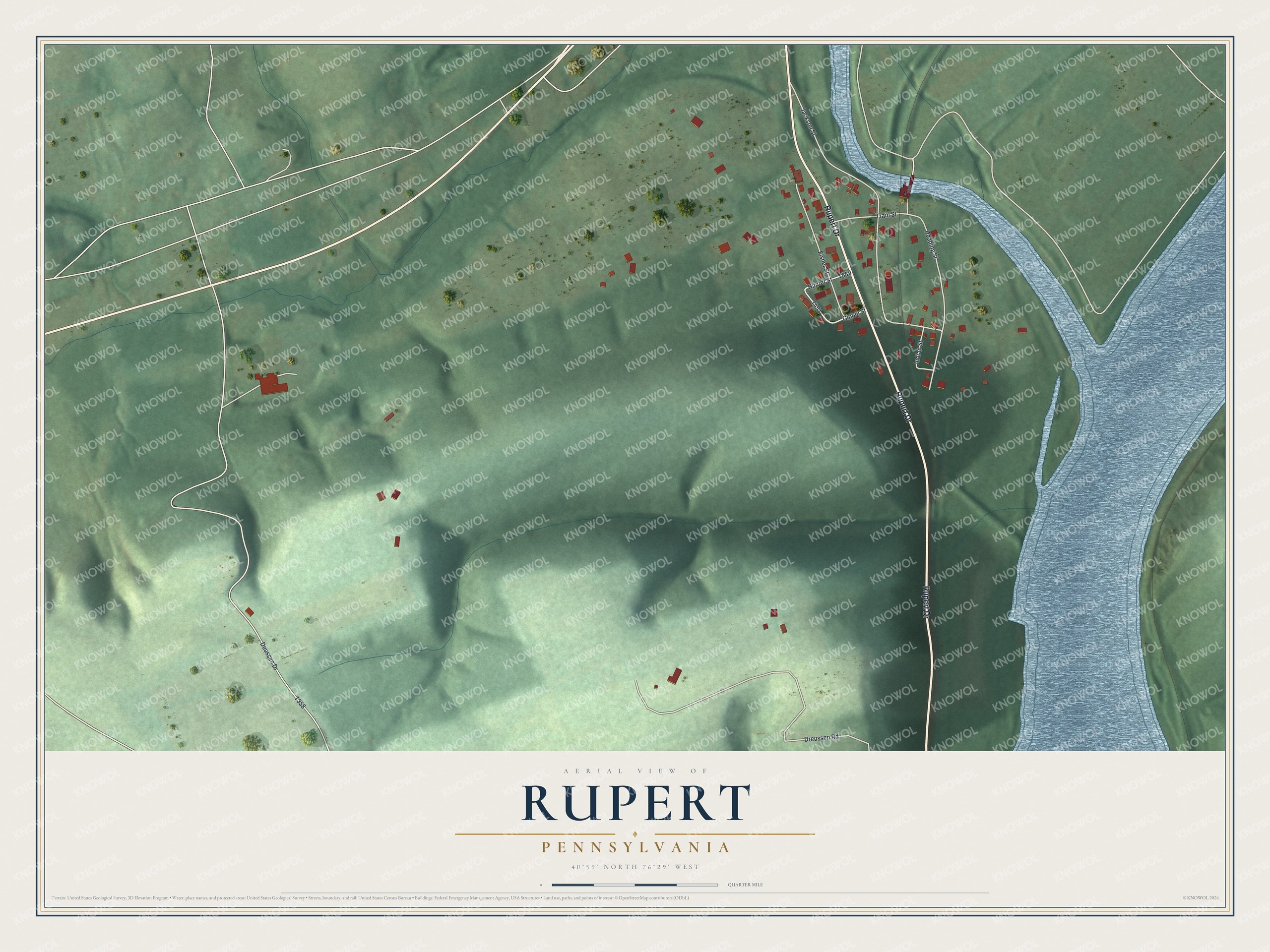 Full map of Rupert, Pennsylvania, with red buildings, printed street names and the land around them