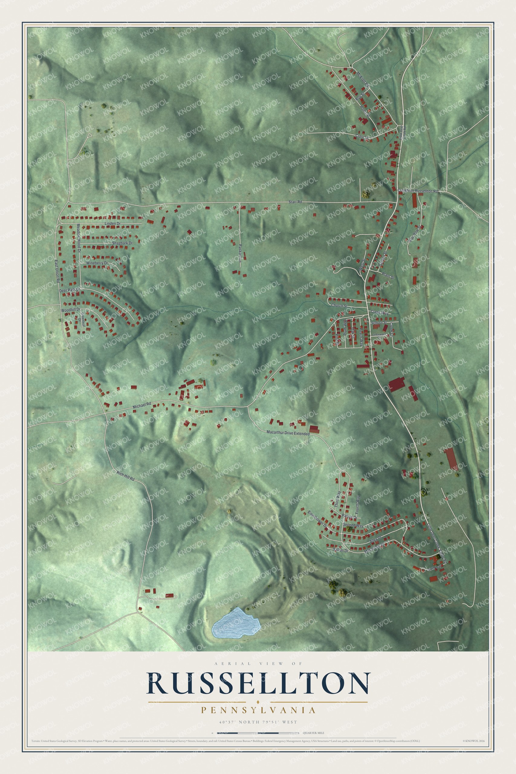 Full map of Russellton, Pennsylvania, with red buildings, printed street names and the land around them