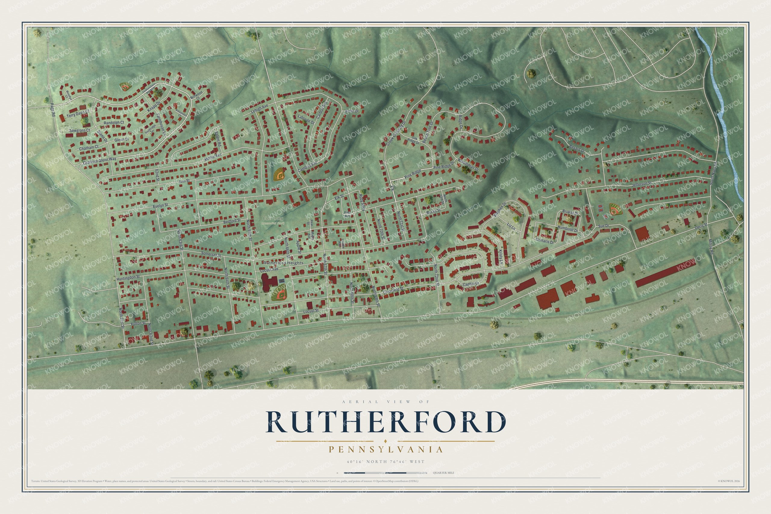 Full map of Rutherford, Pennsylvania, with red buildings, printed street names and the land around them