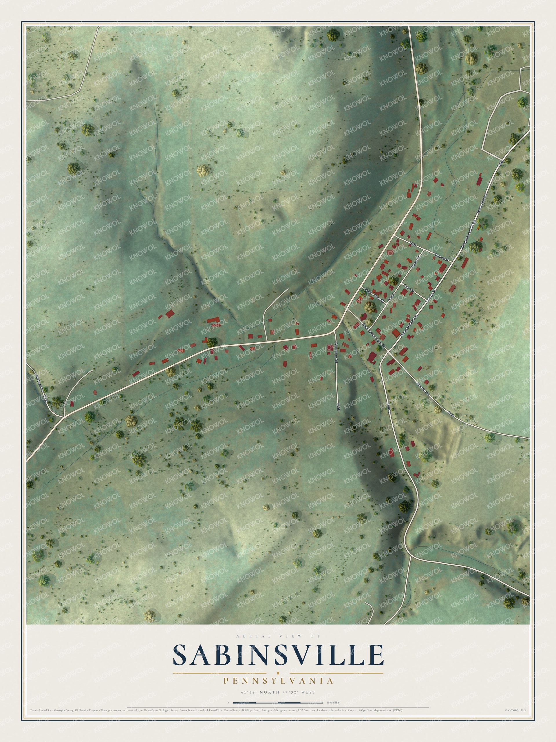 Full map of Sabinsville, Pennsylvania, with red buildings, printed street names and the land around them