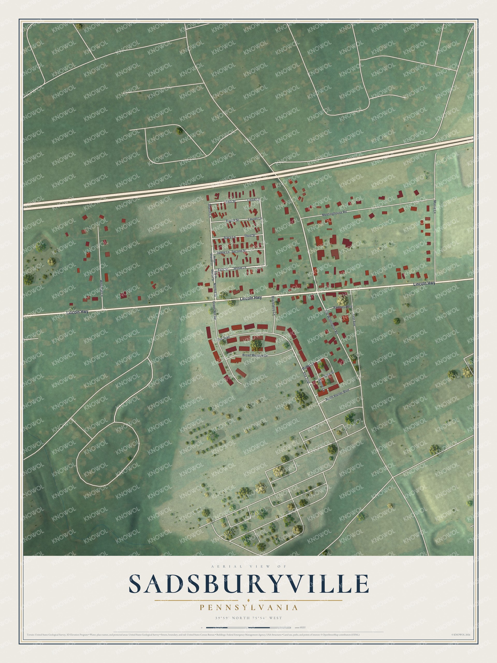 Full map of Sadsburyville, Pennsylvania, with red buildings, printed street names and the land around them
