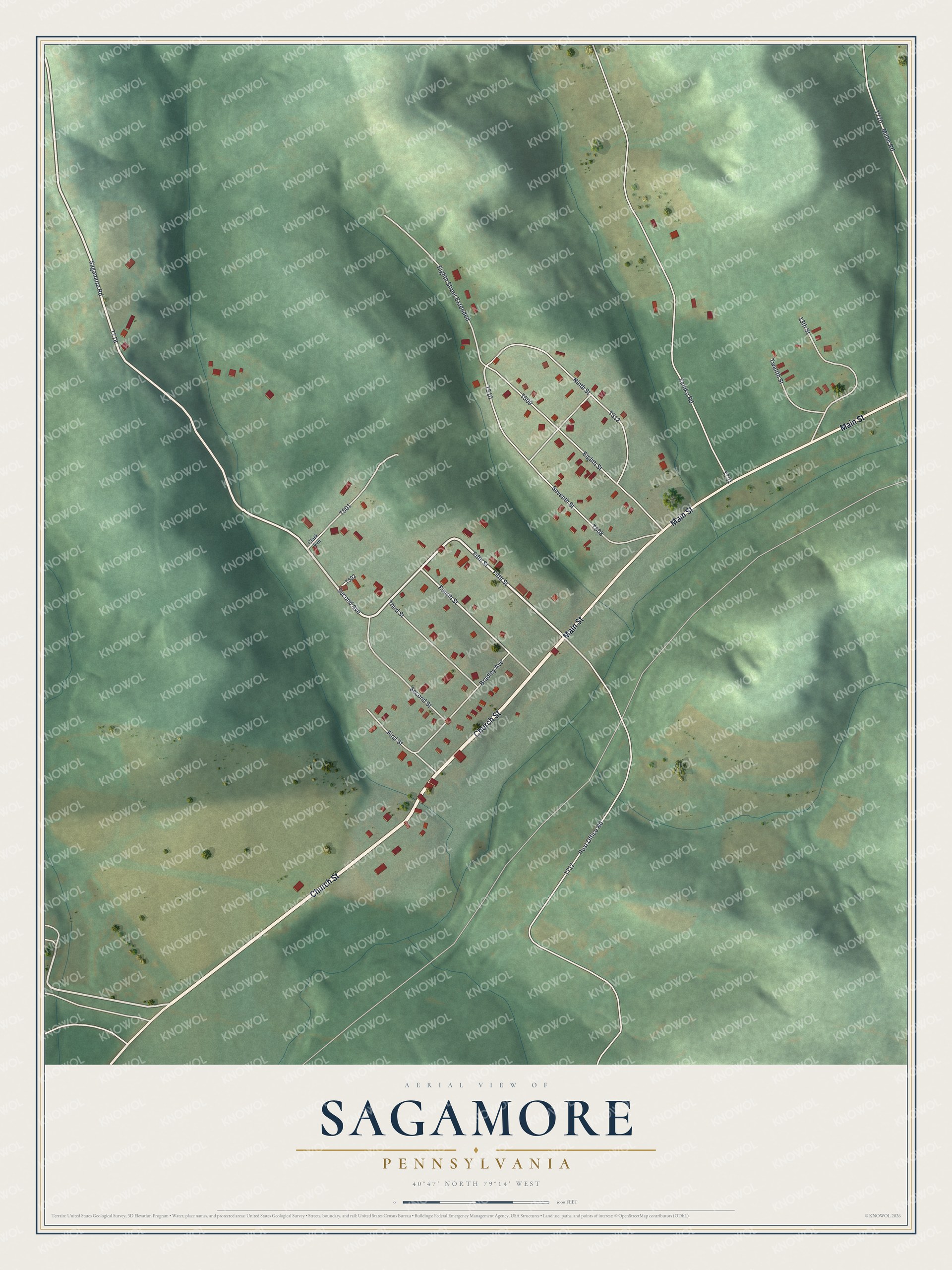 Full map of Sagamore, Pennsylvania, with red buildings, printed street names and the land around them