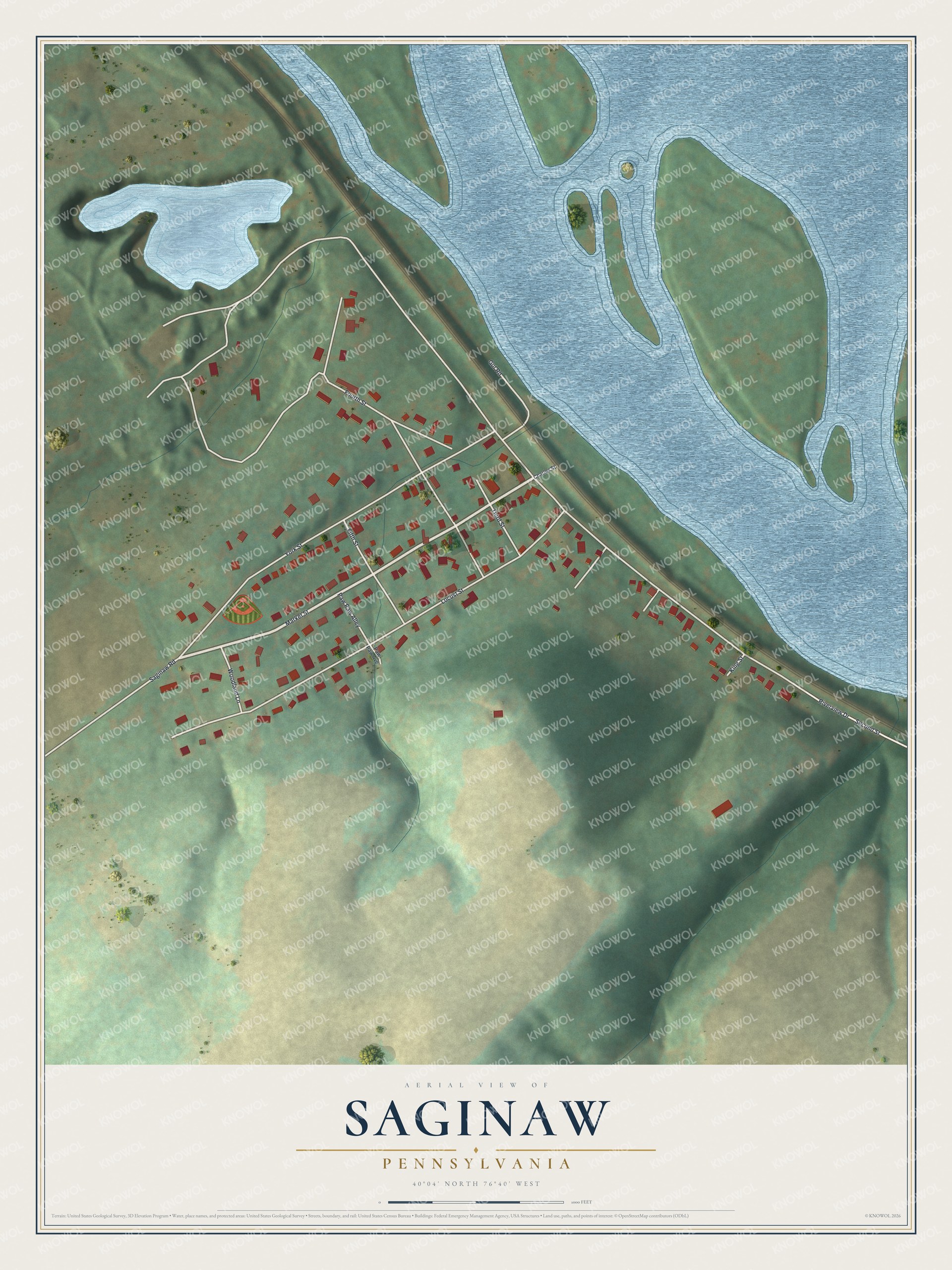 Full map of Saginaw, Pennsylvania, with red buildings, printed street names and the land around them