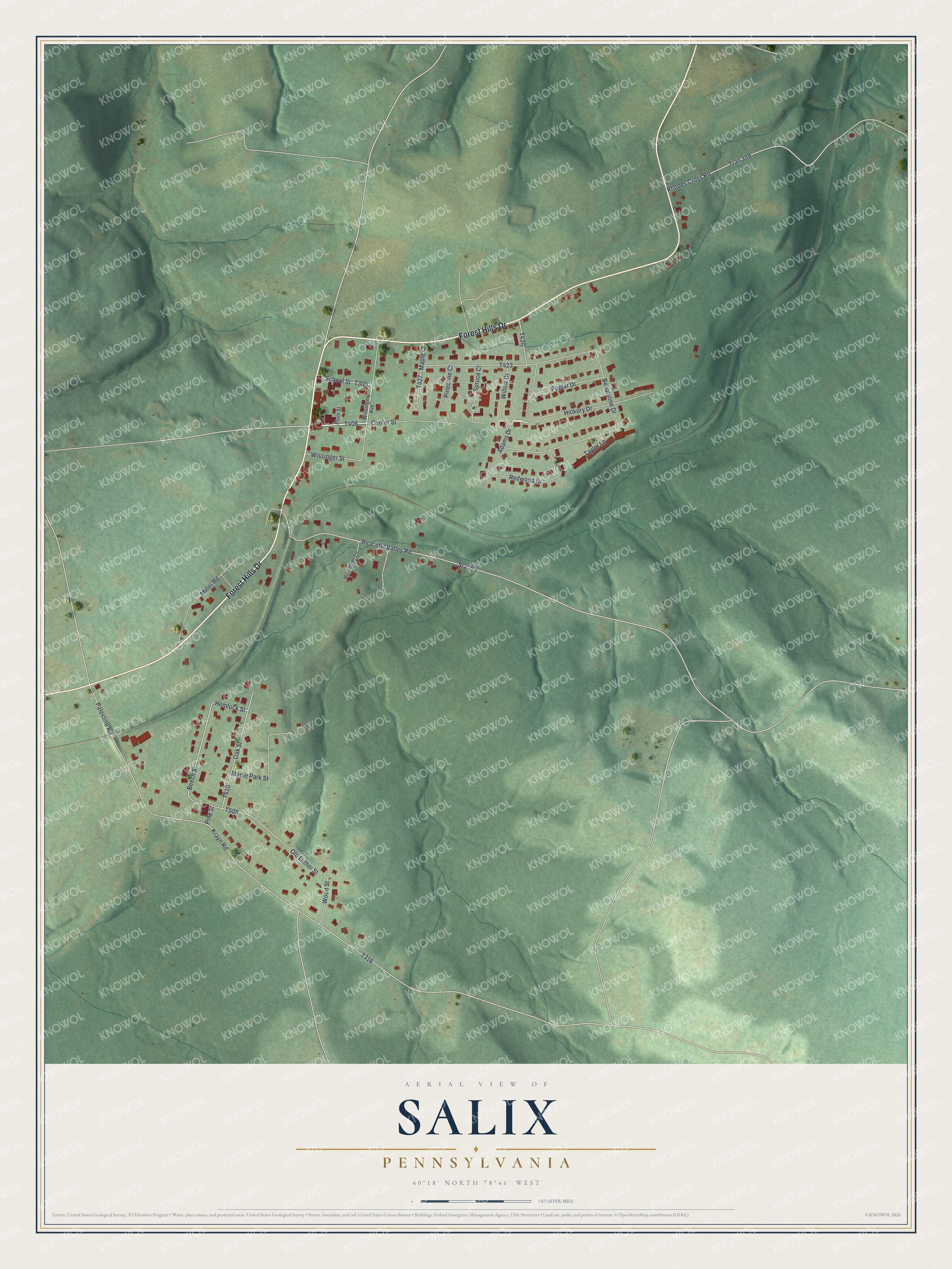 Full map of Salix, Pennsylvania, with red buildings, printed street names and the land around them