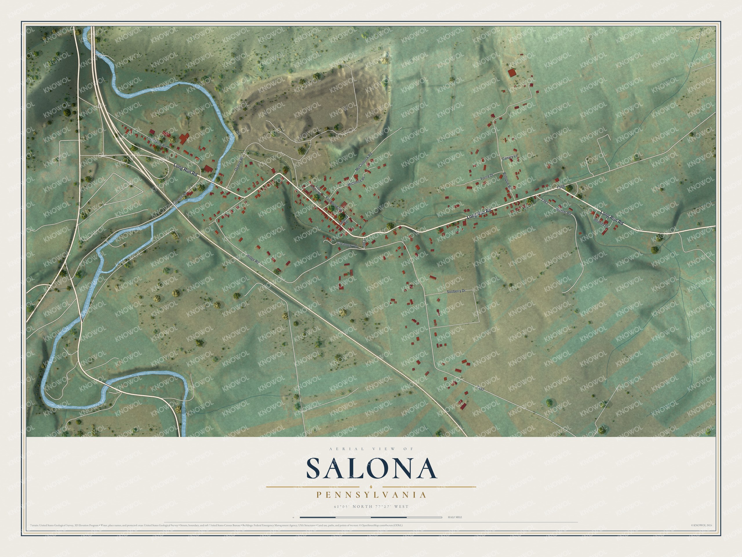 Full map of Salona, Pennsylvania, with red buildings, printed street names and the land around them