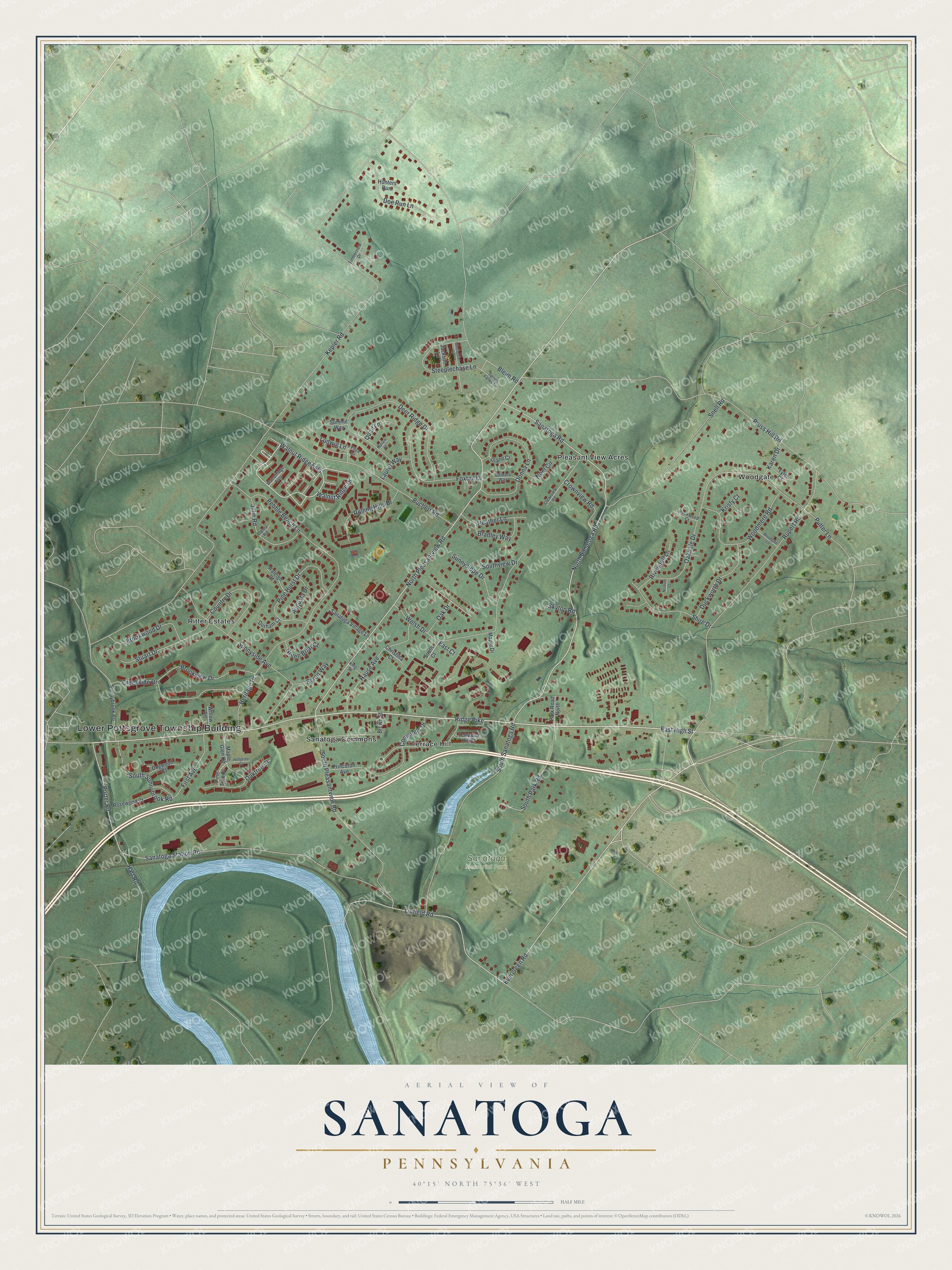 Full map of Sanatoga, Pennsylvania, with red buildings, printed street names and the land around them