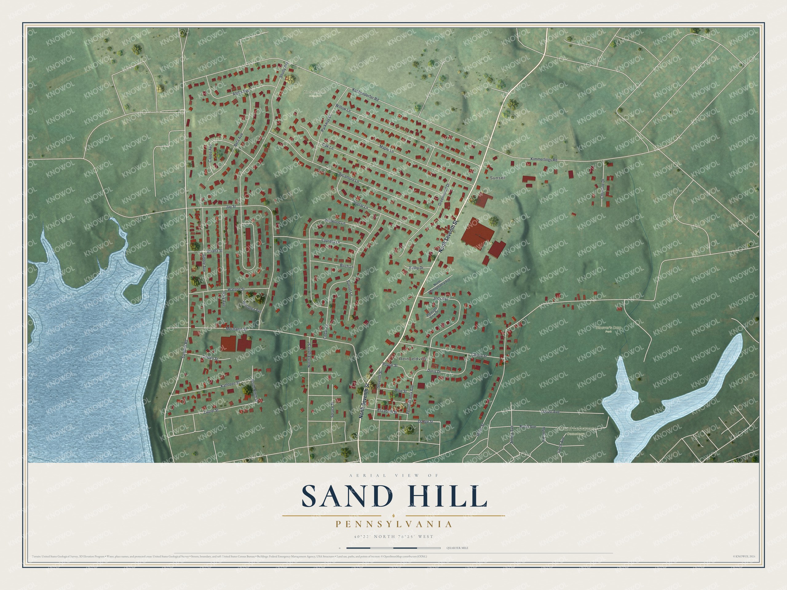 Full map of Sand Hill, Pennsylvania, with red buildings, printed street names and the land around them