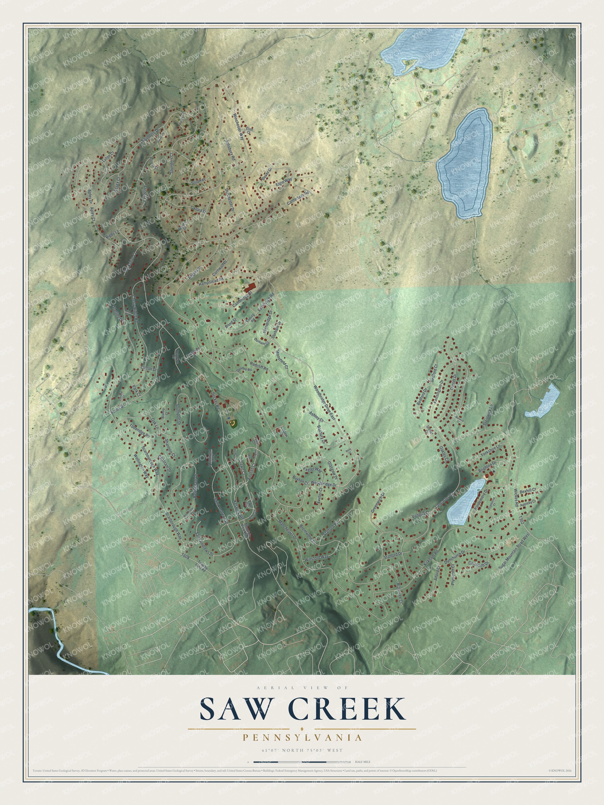 Full map of Saw Creek, Pennsylvania, with red buildings, printed street names and the land around them