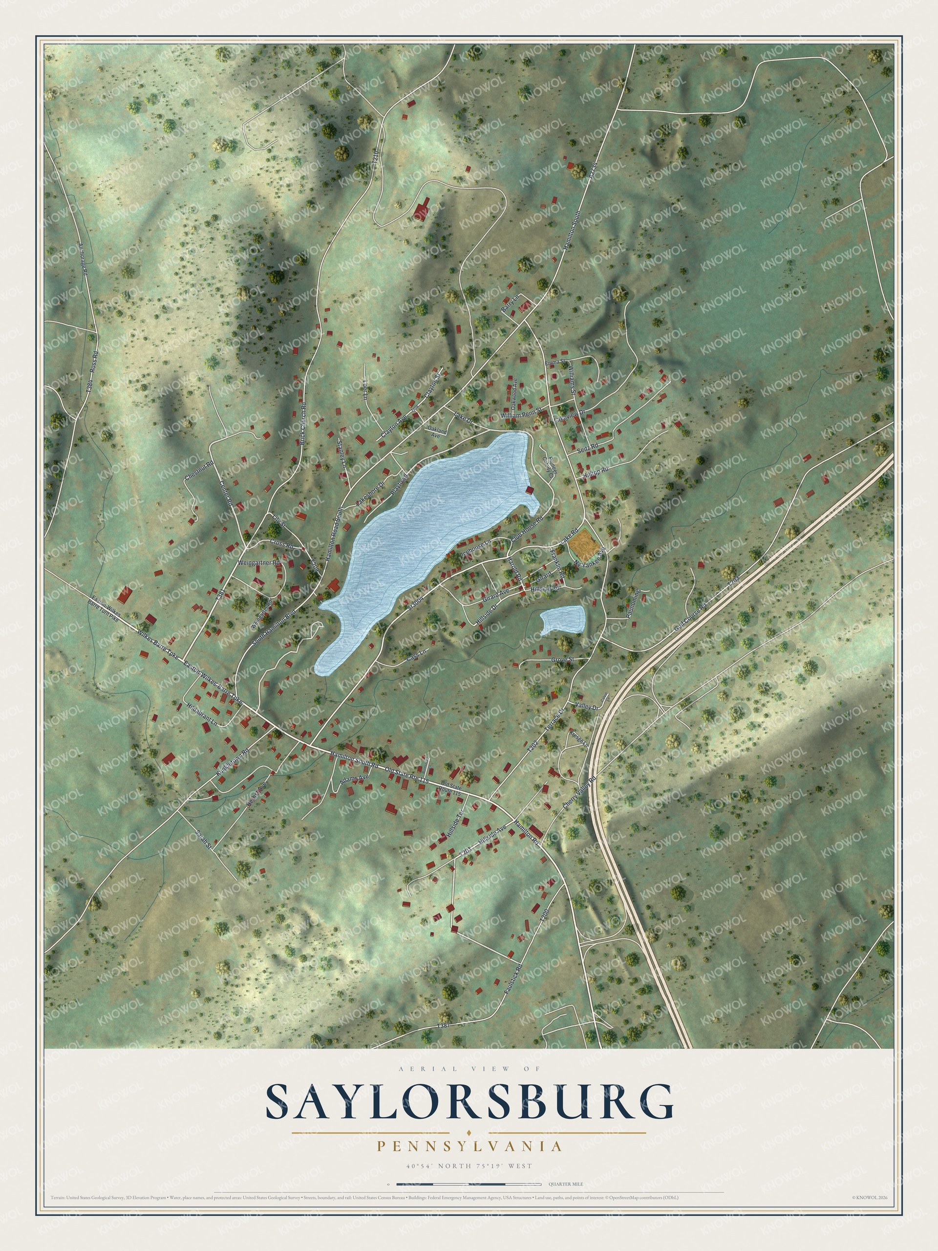 Full map of Saylorsburg, Pennsylvania, with red buildings, printed street names and the land around them