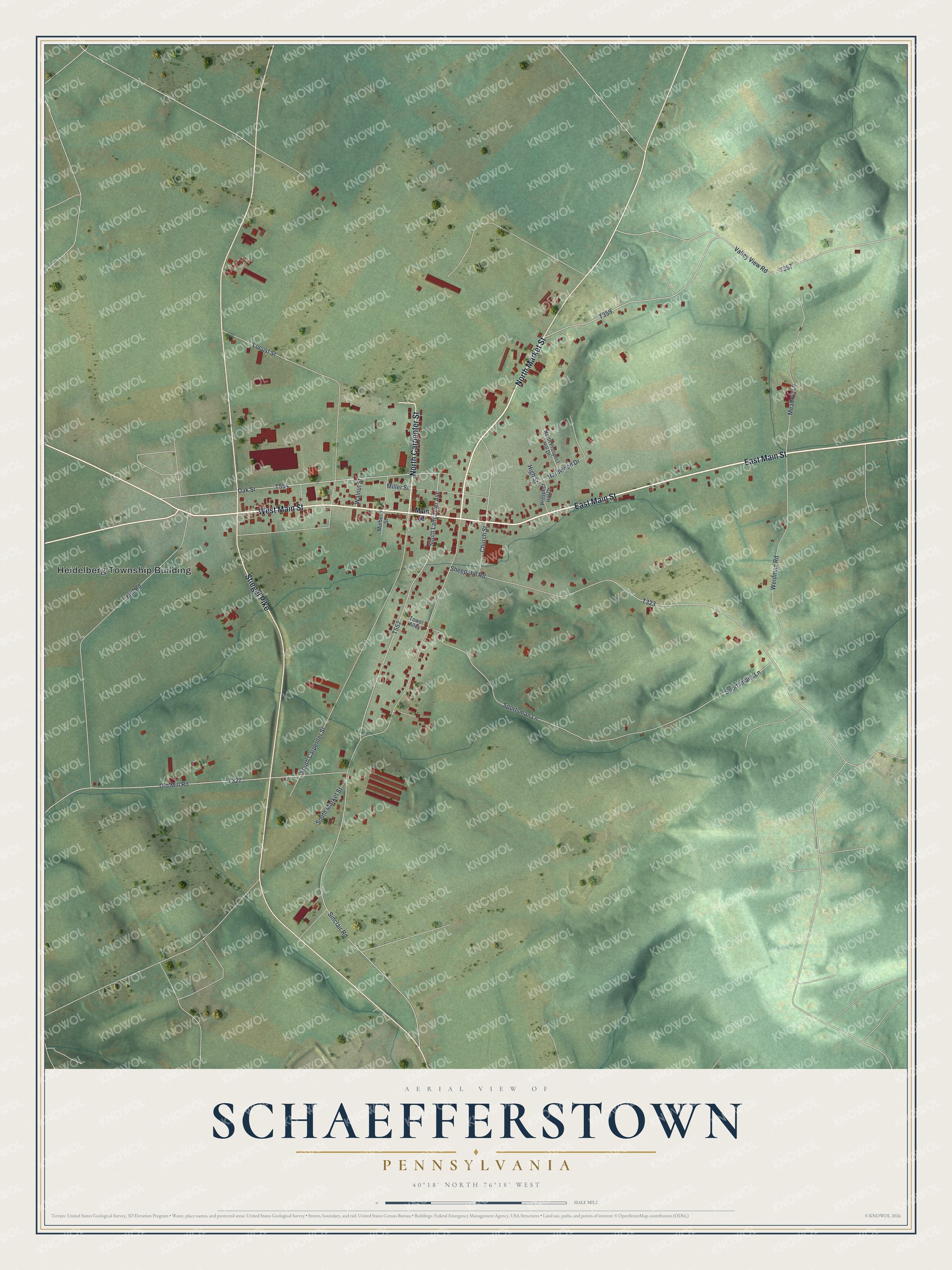 Full map of Schaefferstown, Pennsylvania, with red buildings, printed street names and the land around them