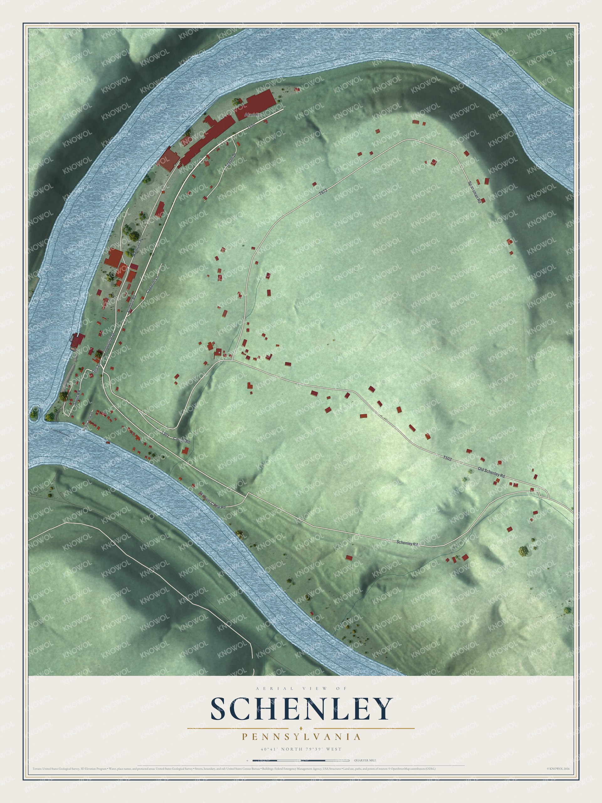 Full map of Schenley, Pennsylvania, with red buildings, printed street names and the land around them