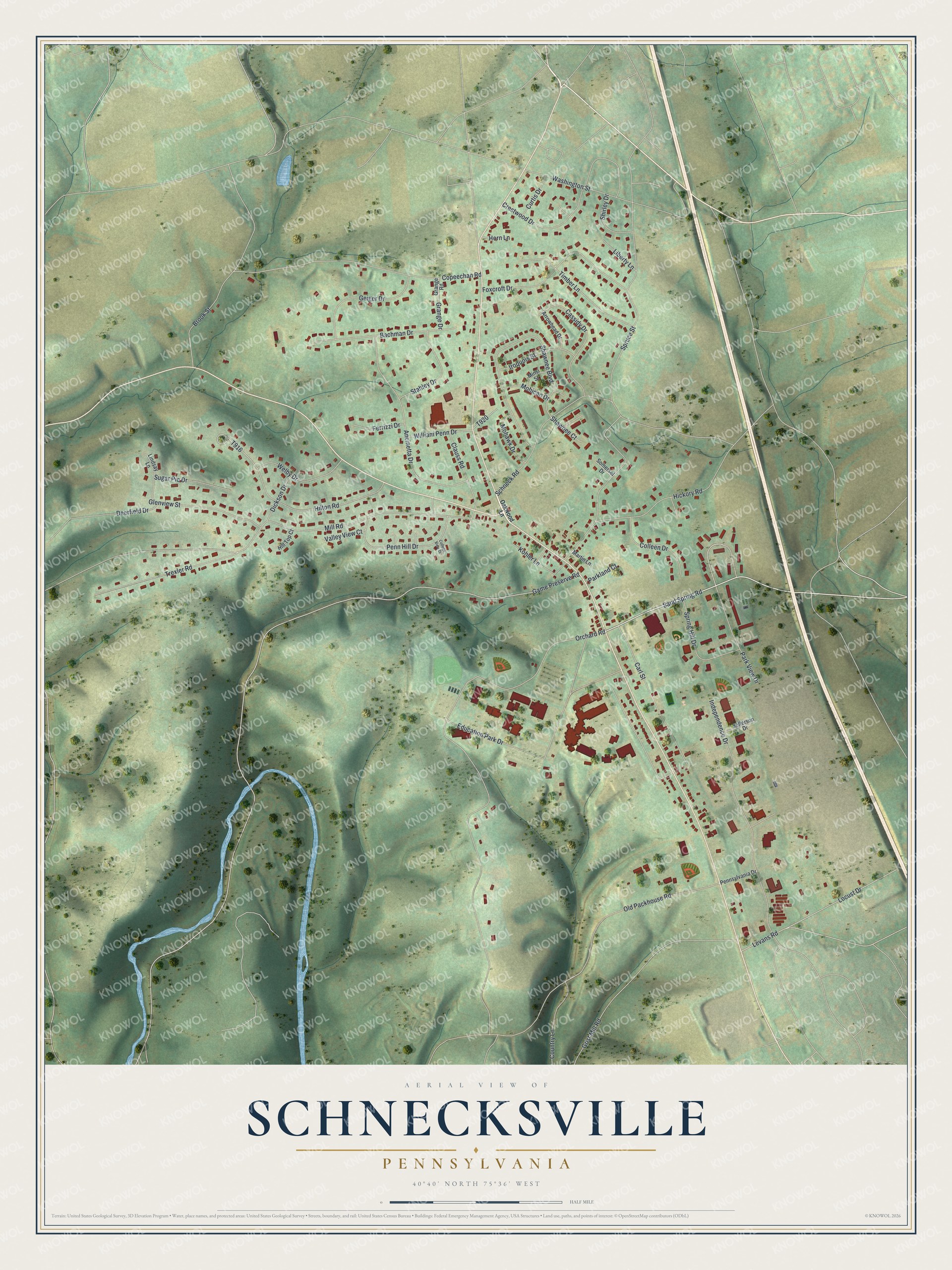 Full map of Schnecksville, Pennsylvania, with red buildings, printed street names and the land around them