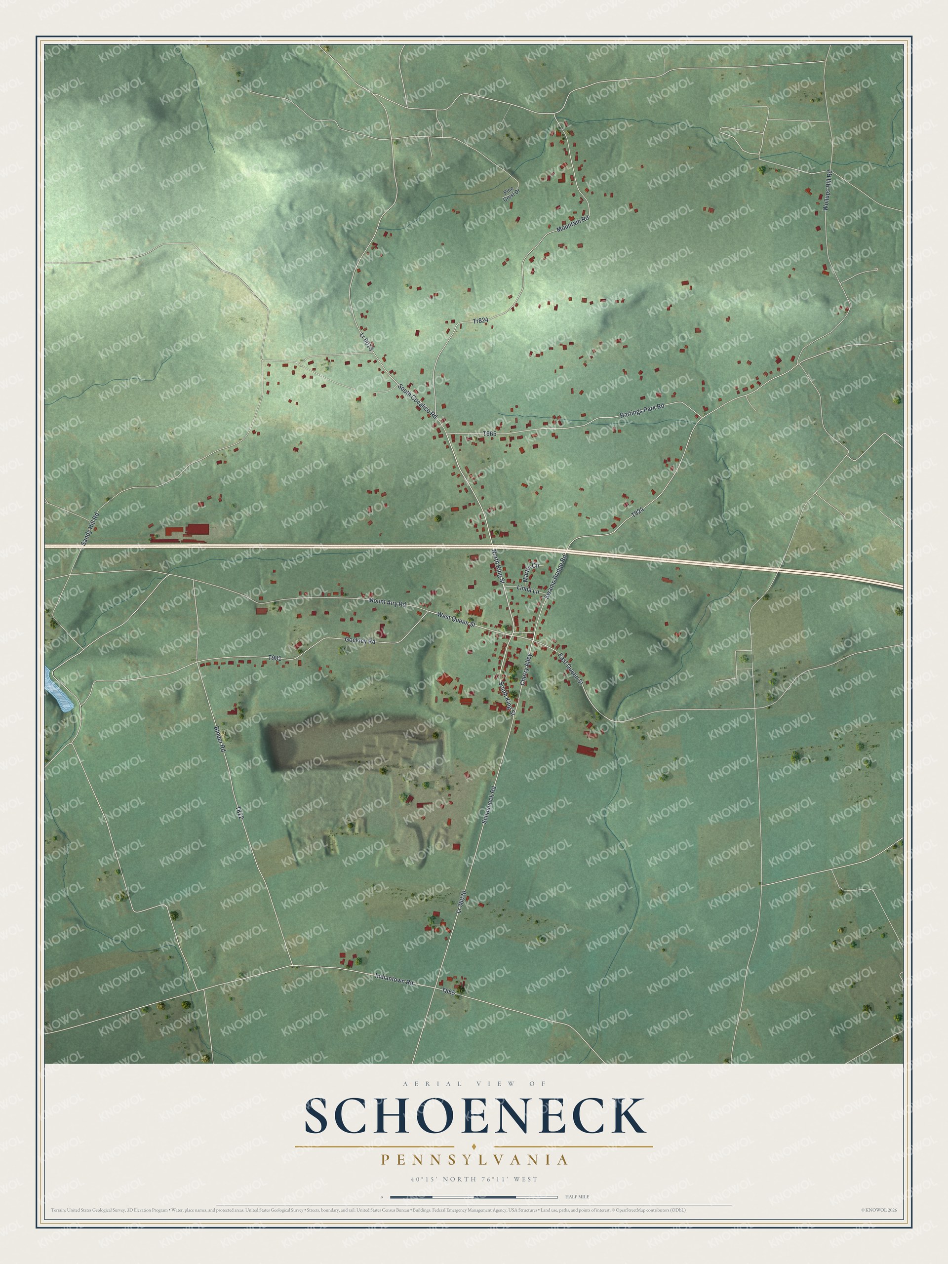 Full map of Schoeneck, Pennsylvania, with red buildings, printed street names and the land around them