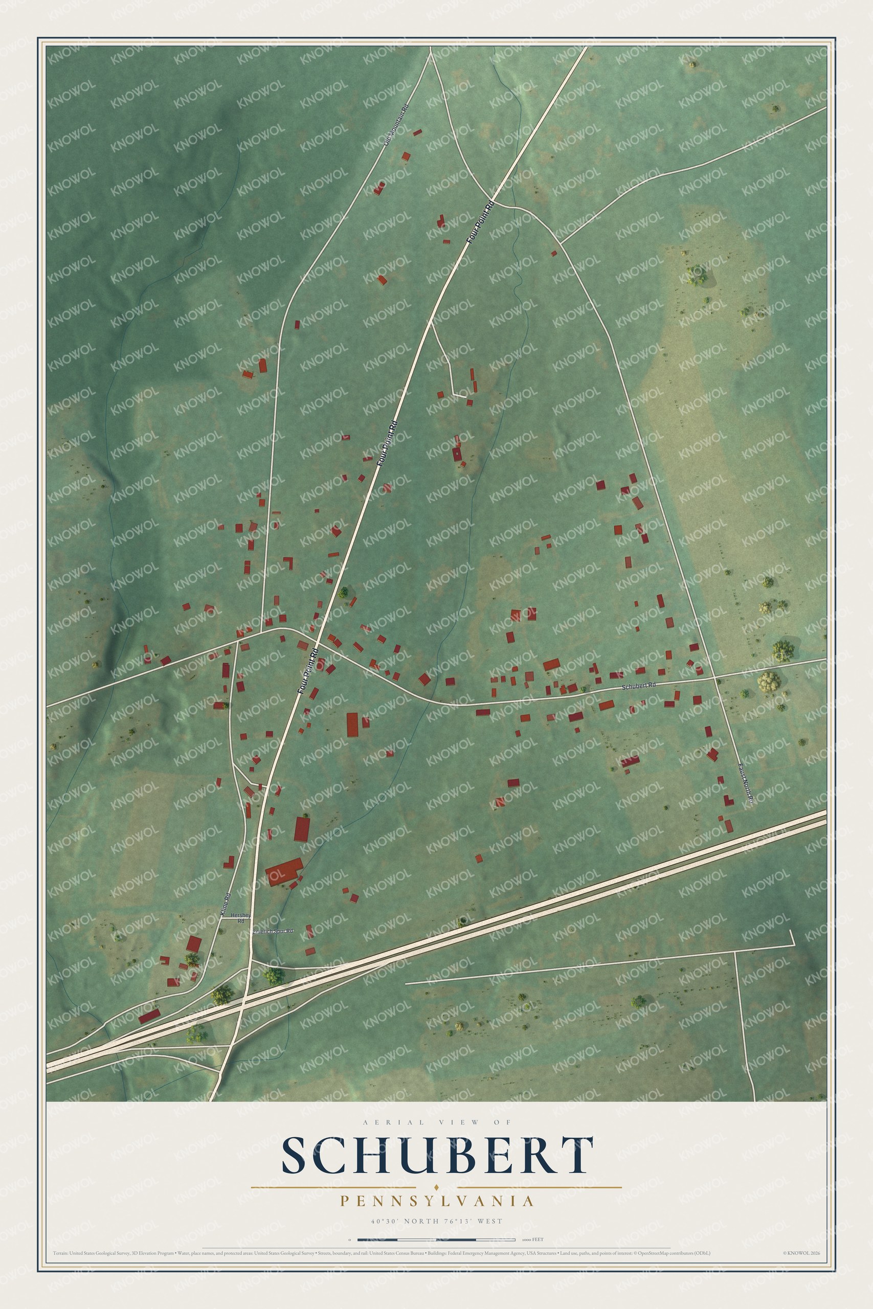 Full map of Schubert, Pennsylvania, with red buildings, printed street names and the land around them