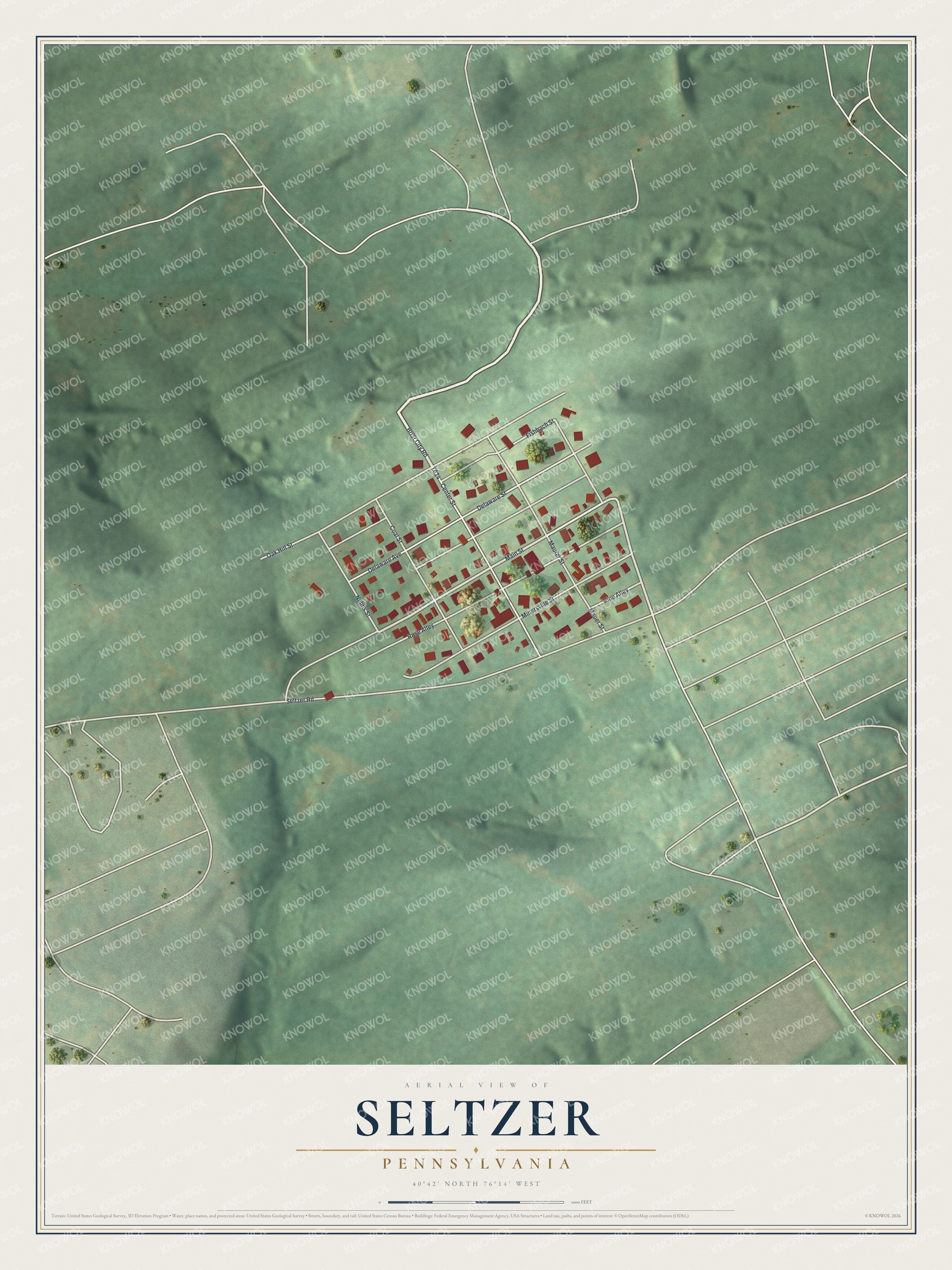 Full map of Seltzer, Pennsylvania, with red buildings, printed street names and the land around them