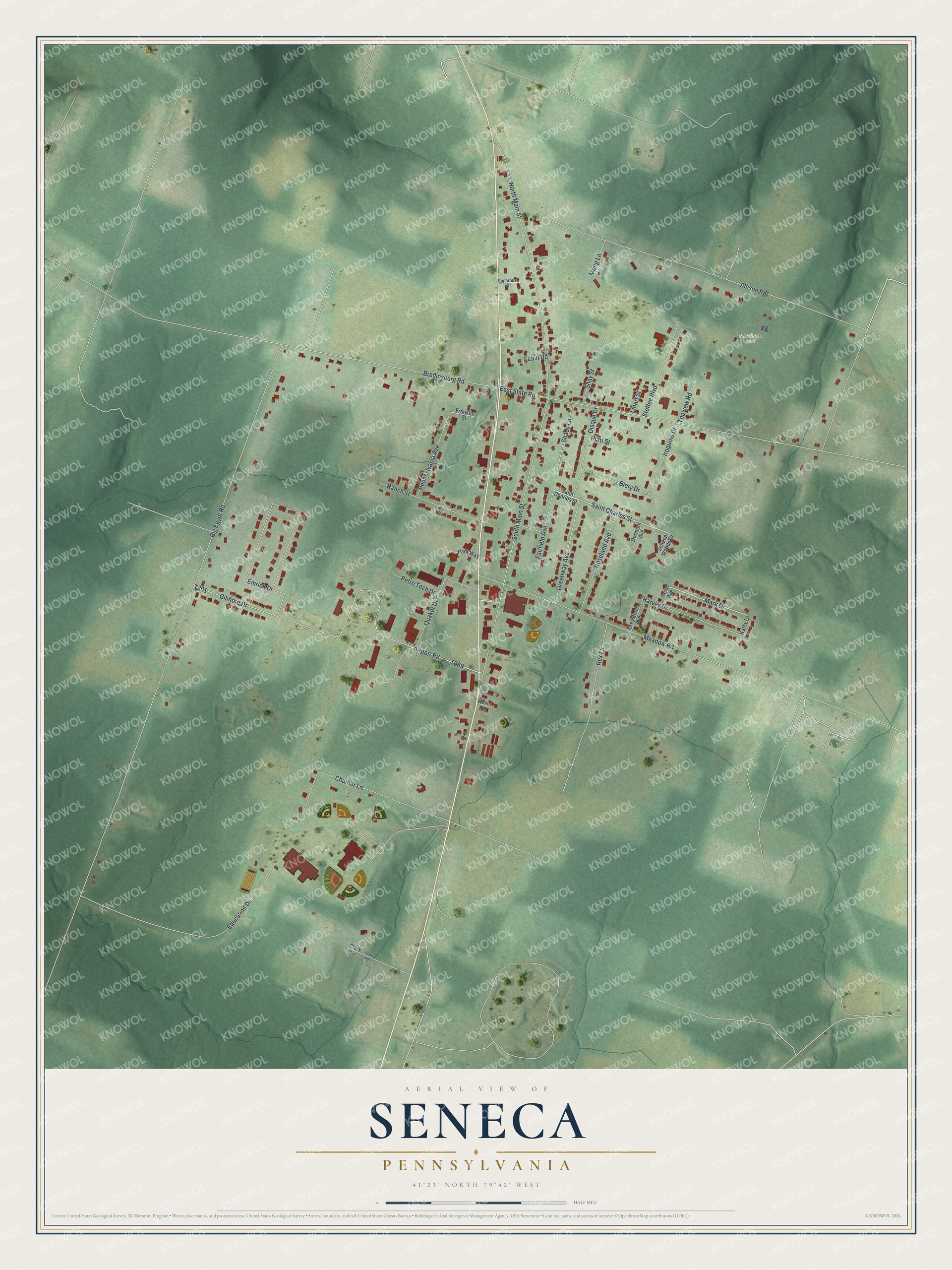 Full map of Seneca, Pennsylvania, with red buildings, printed street names and the land around them