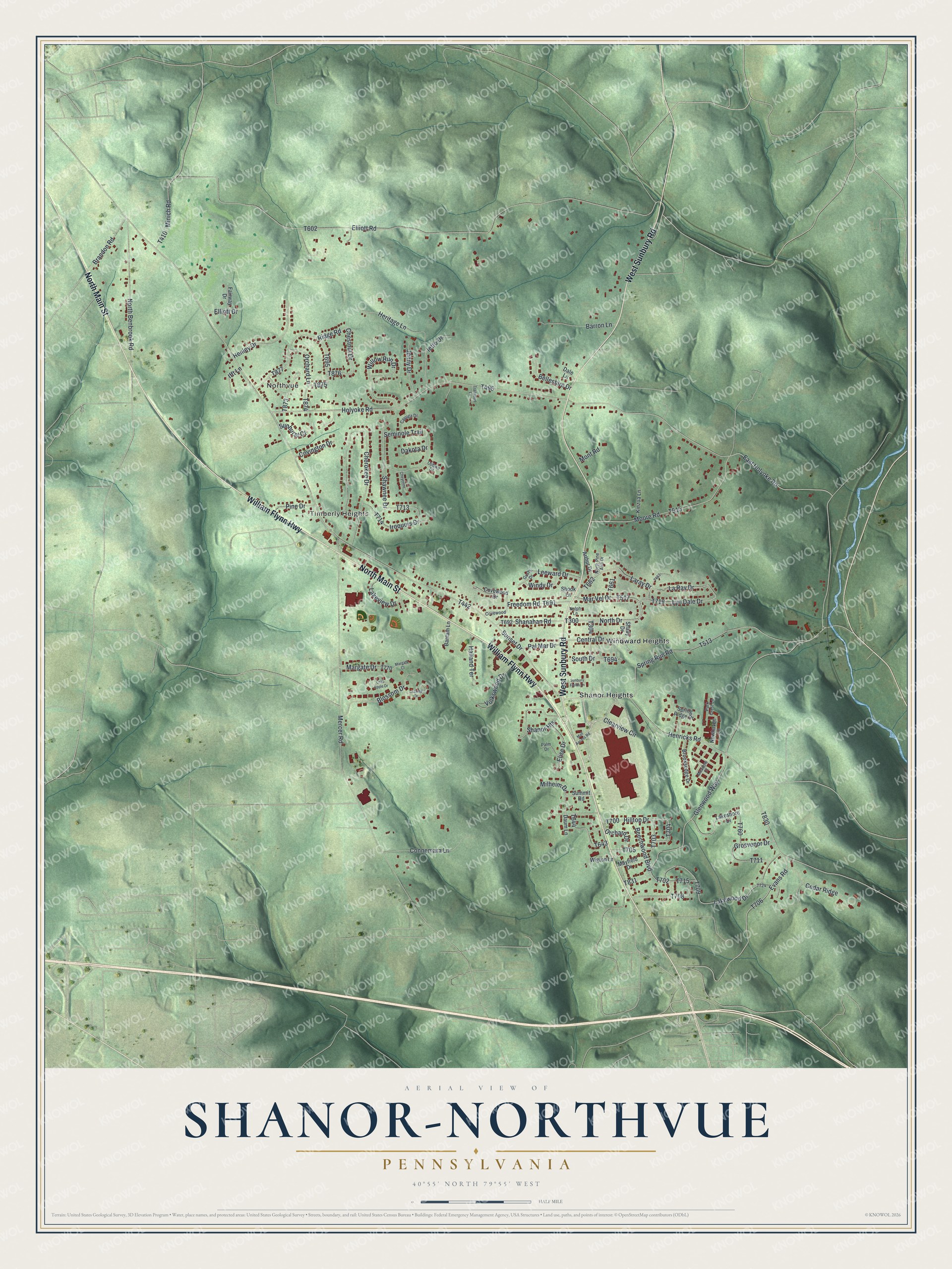 Full map of Shanor-Northvue, Pennsylvania, with red buildings, printed street names and the land around them