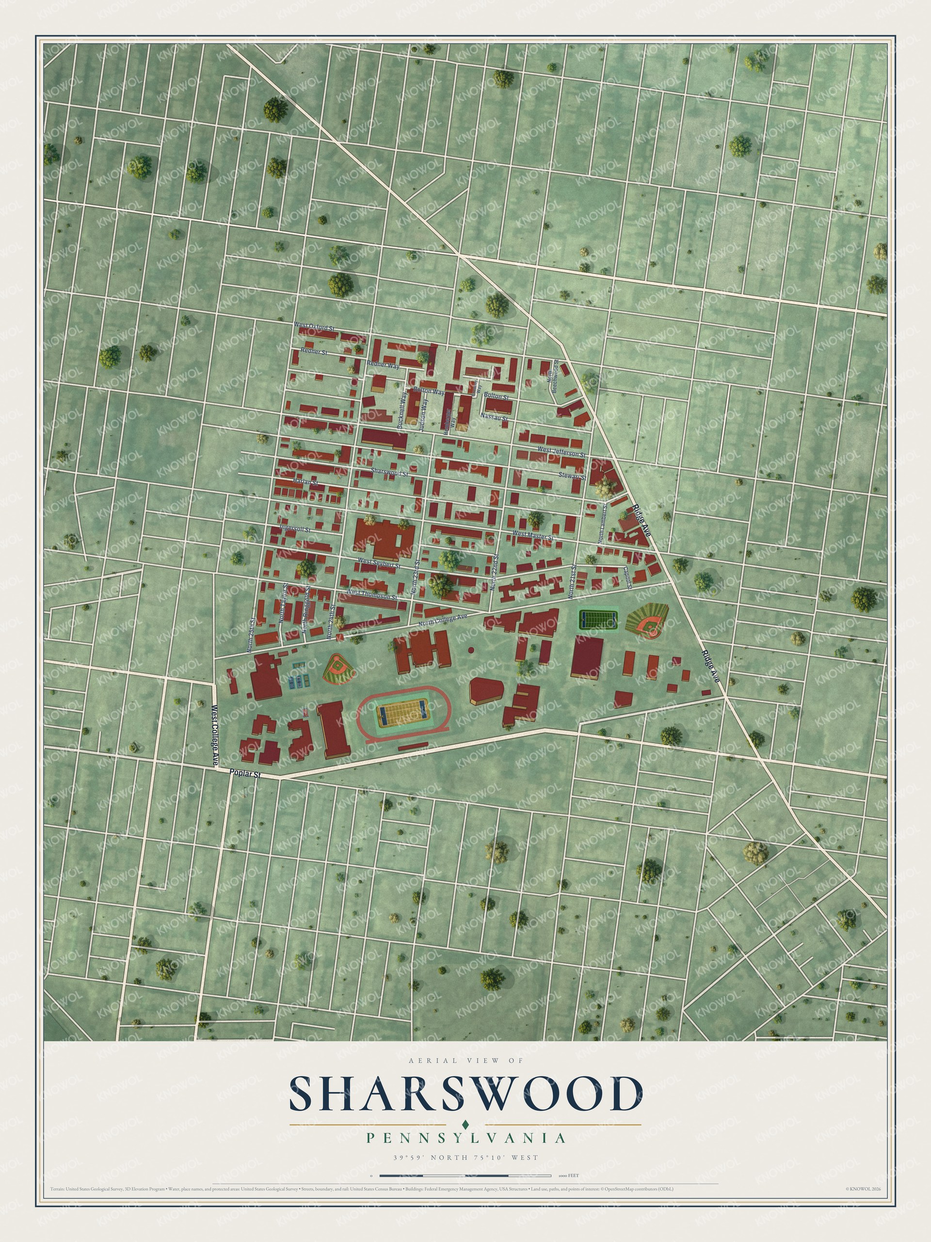 Full map of Sharswood, Pennsylvania, with red buildings, printed street names and the land around them