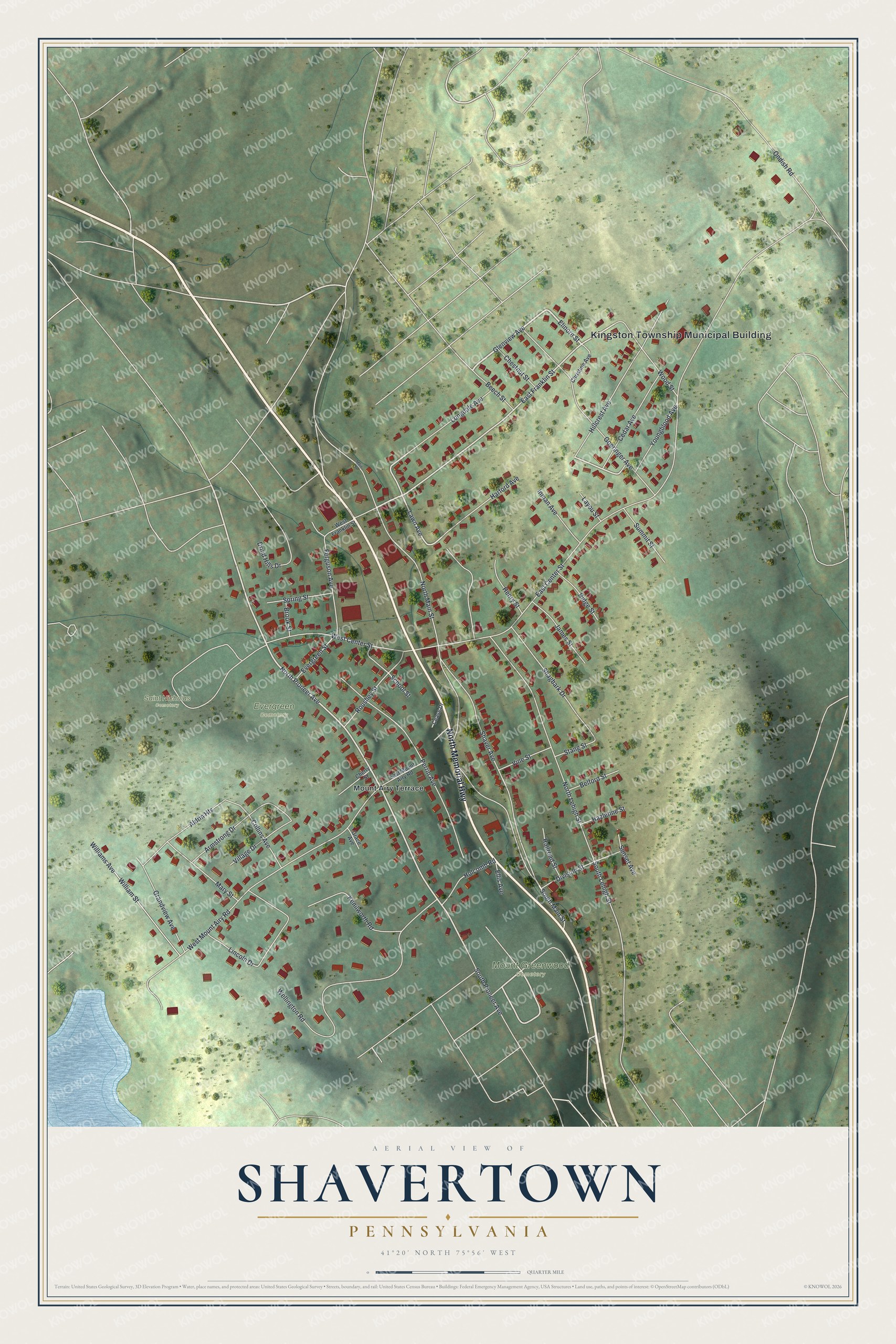 Full map of Shavertown, Pennsylvania, with red buildings, printed street names and the land around them
