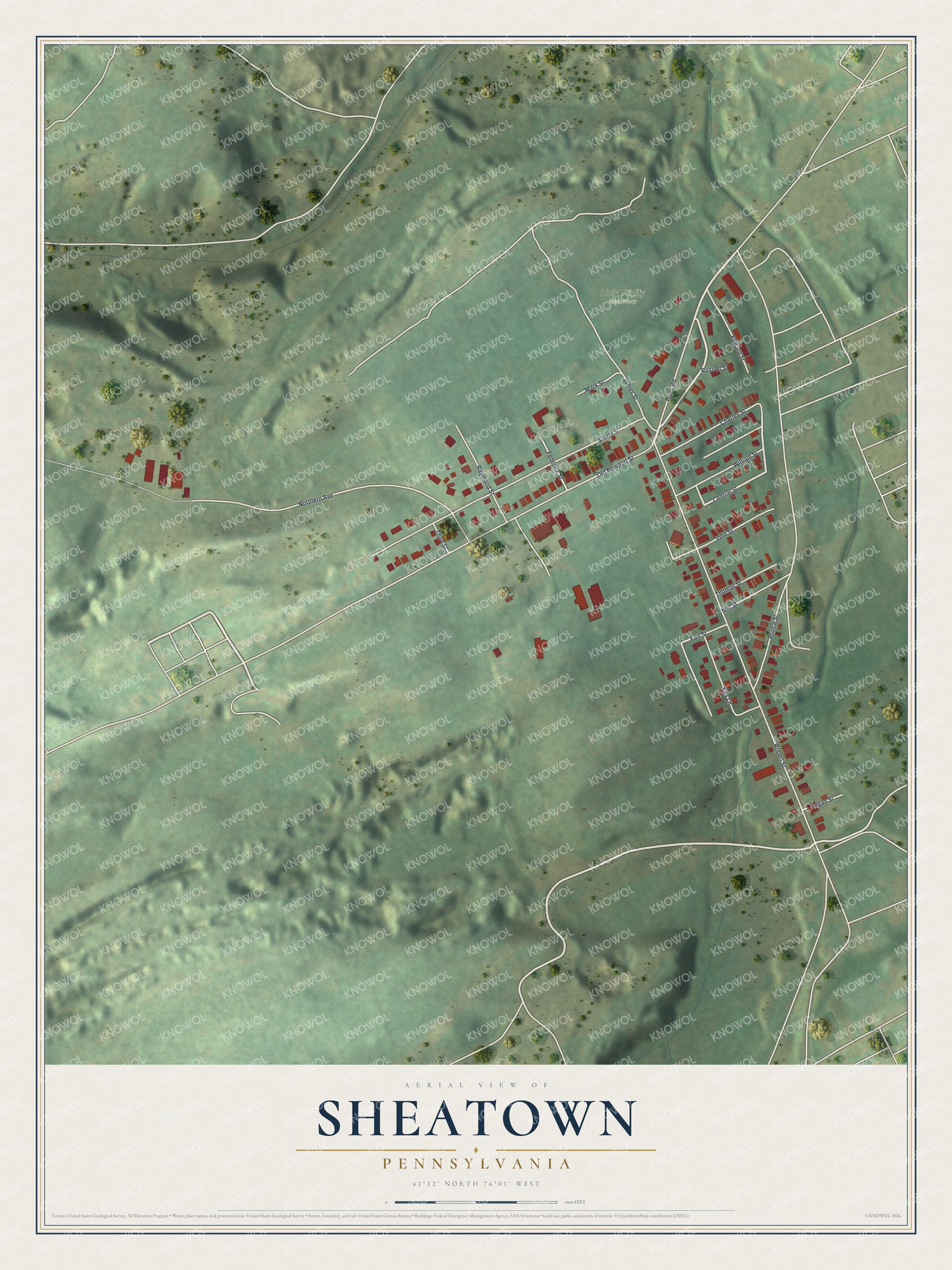 Full map of Sheatown, Pennsylvania, with red buildings, printed street names and the land around them
