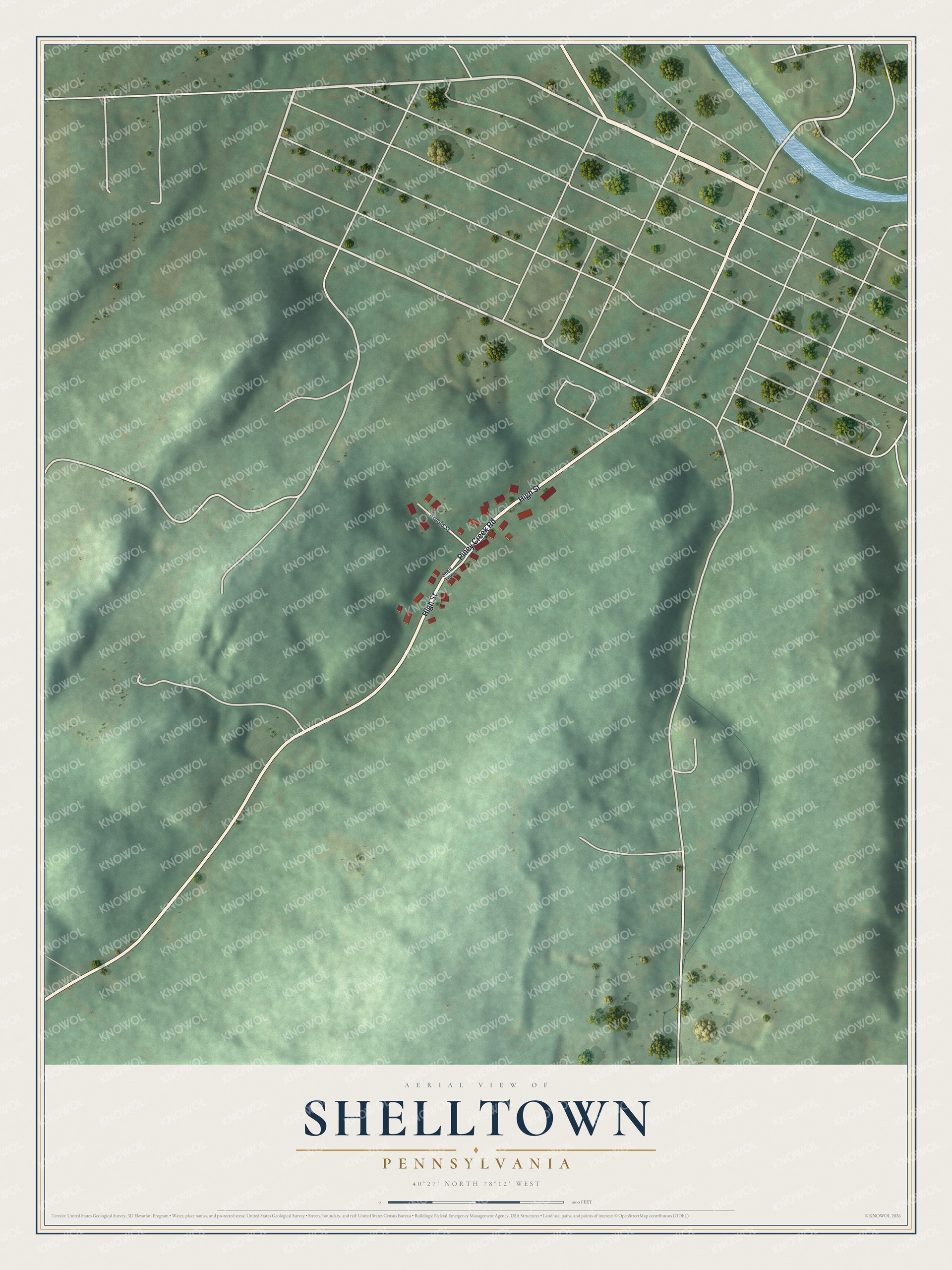 Full map of Shelltown, Pennsylvania, with red buildings, printed street names and the land around them