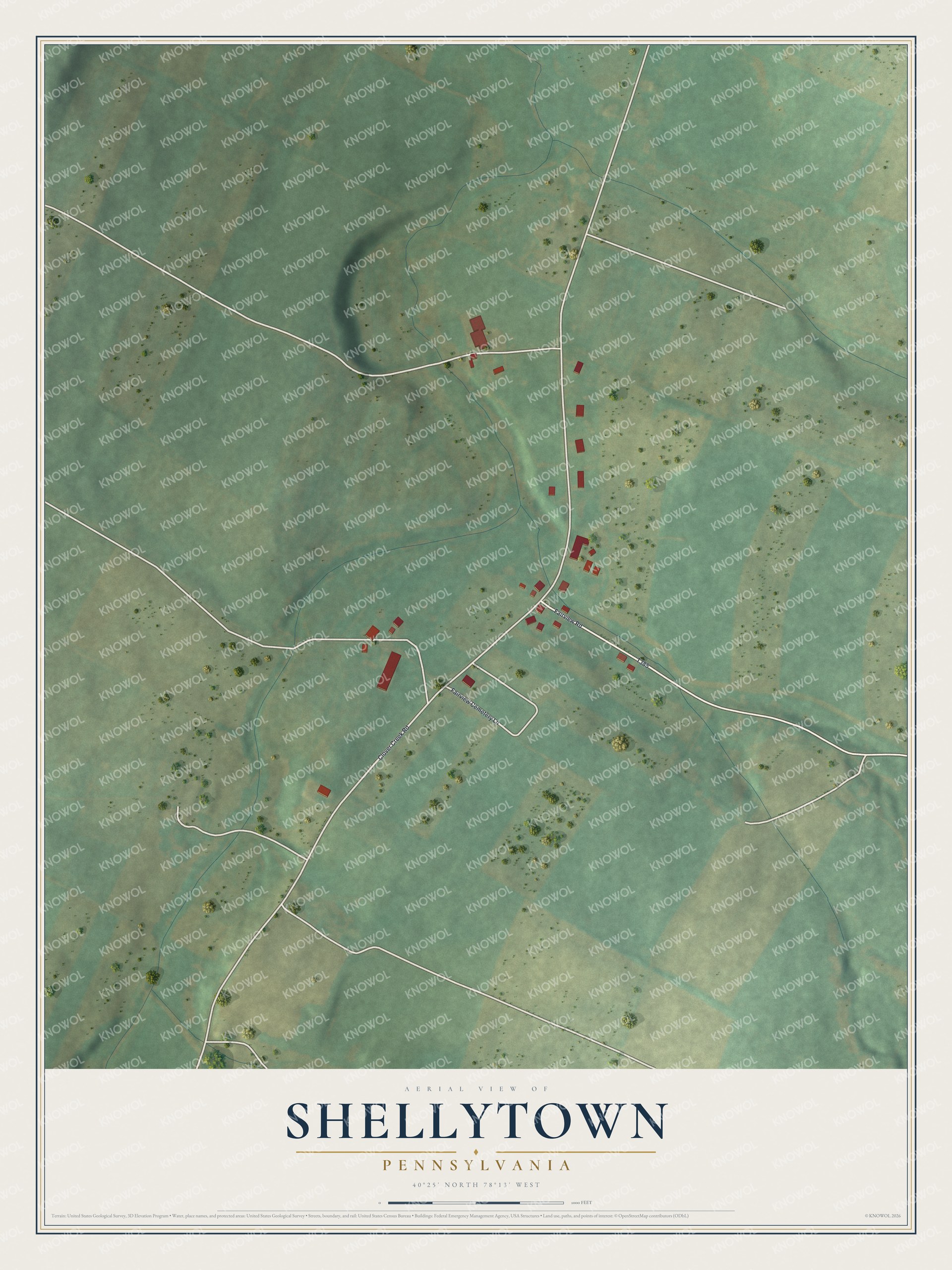 Full map of Shellytown, Pennsylvania, with red buildings, printed street names and the land around them