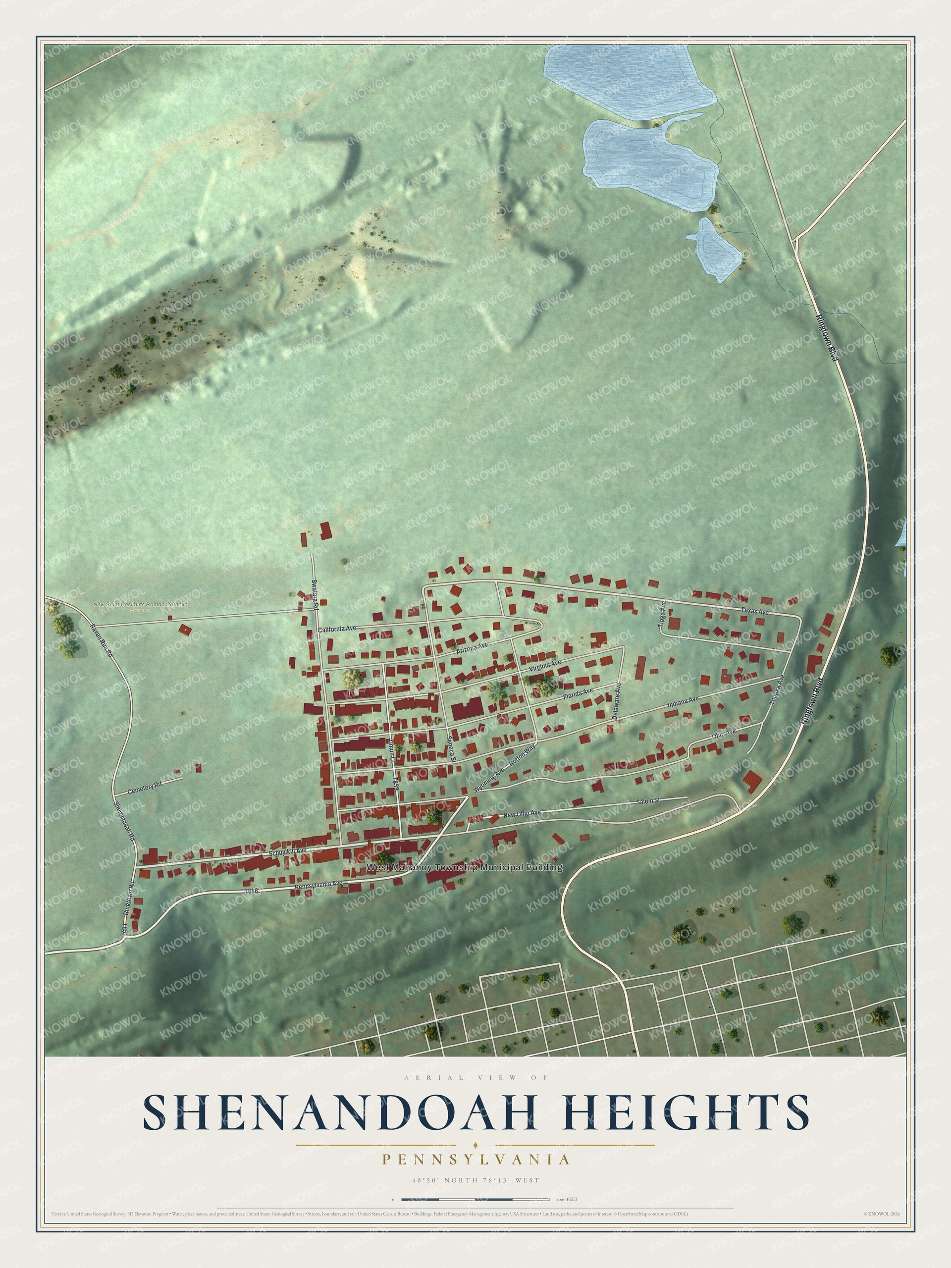 Full map of Shenandoah Heights, Pennsylvania, with red buildings, printed street names and the land around them