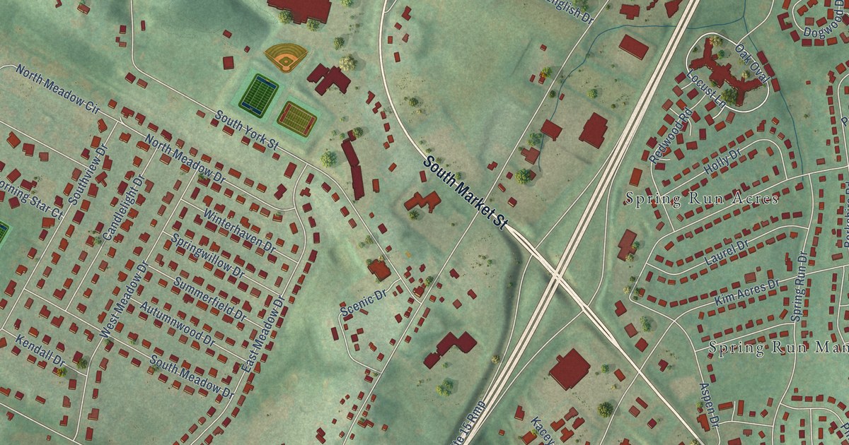Close-up of streets and buildings in Shepherdstown, Pennsylvania