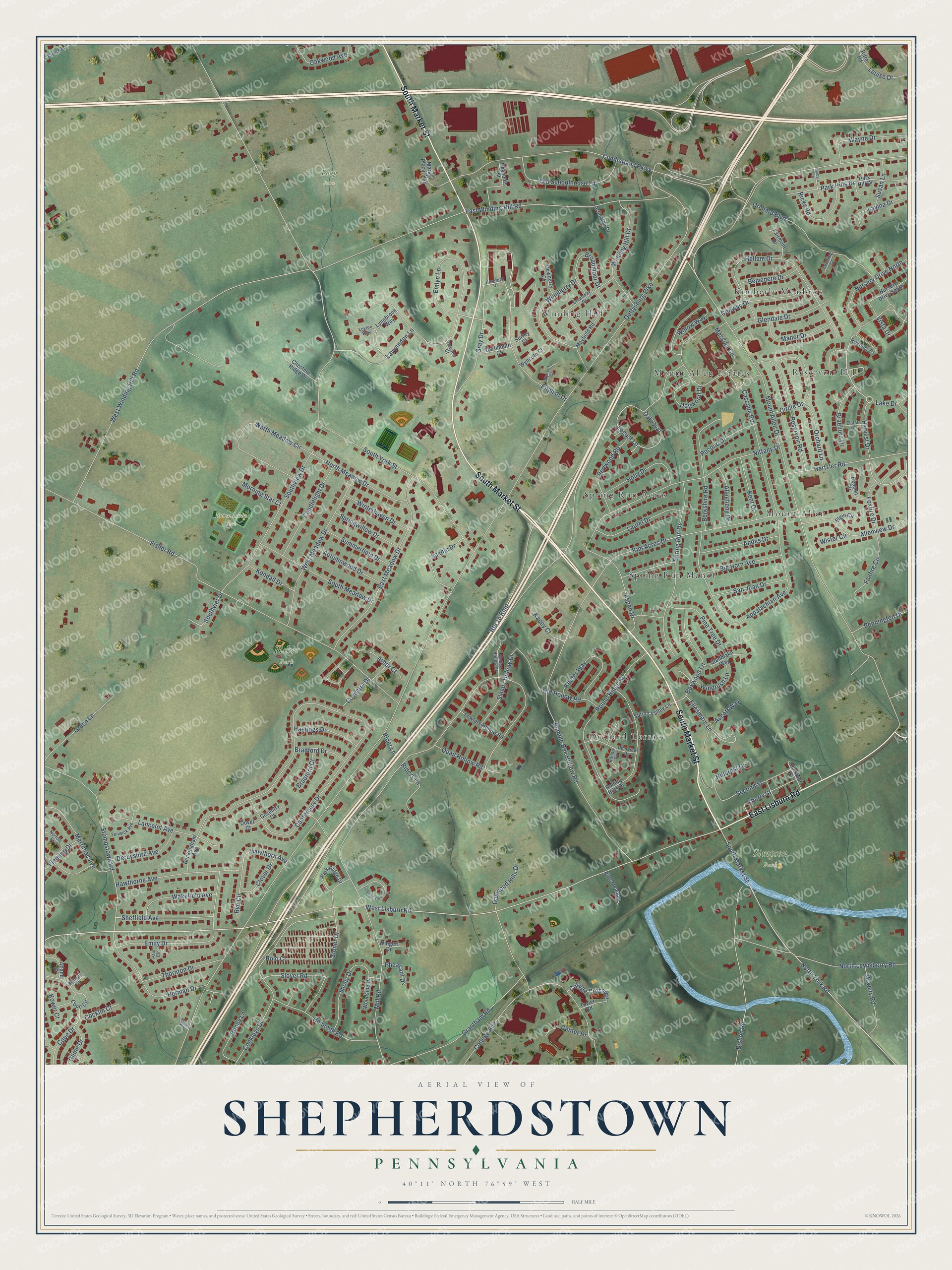 Full map of Shepherdstown, Pennsylvania, with red buildings, printed street names and the land around them