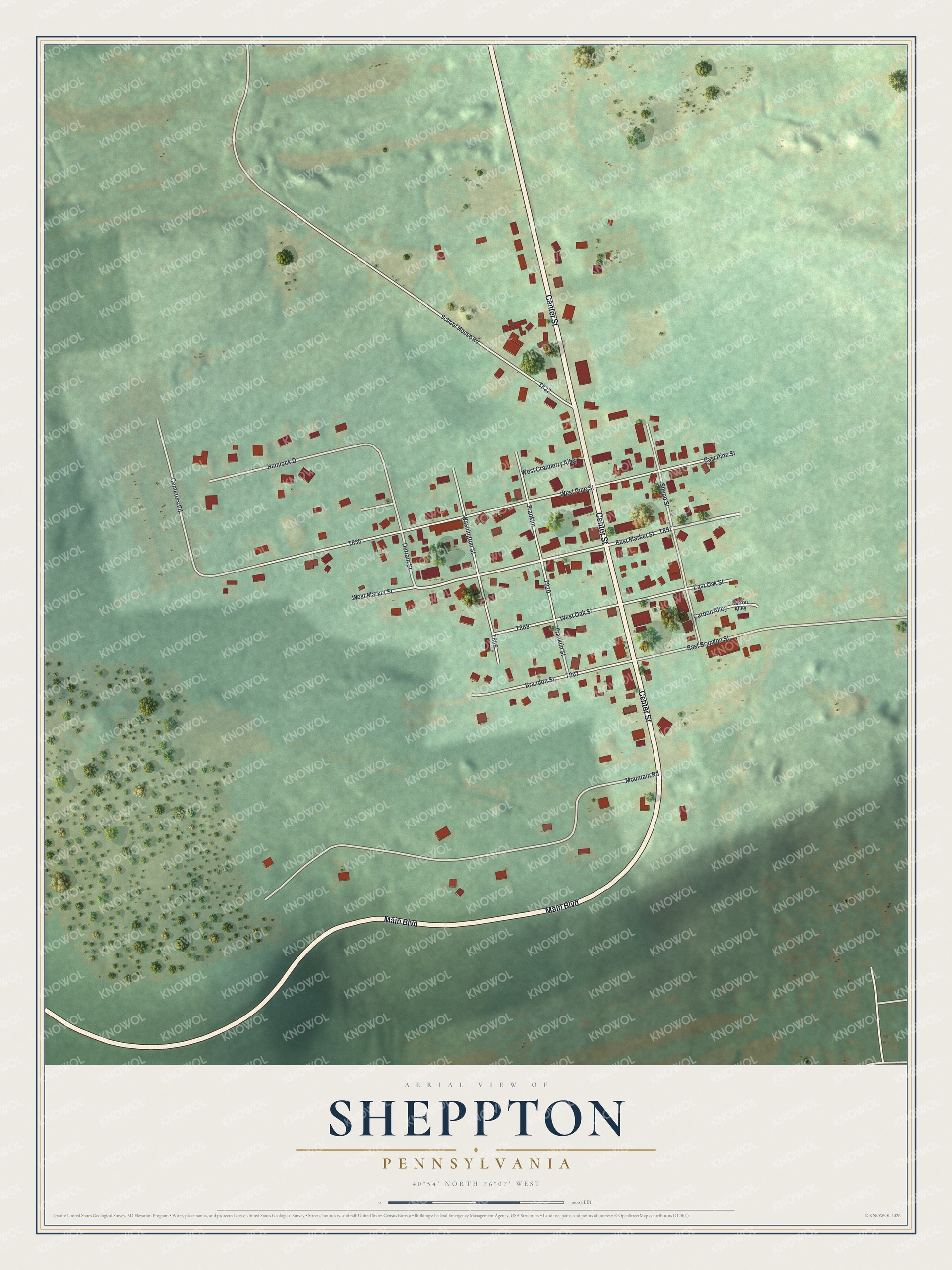 Full map of Sheppton, Pennsylvania, with red buildings, printed street names and the land around them