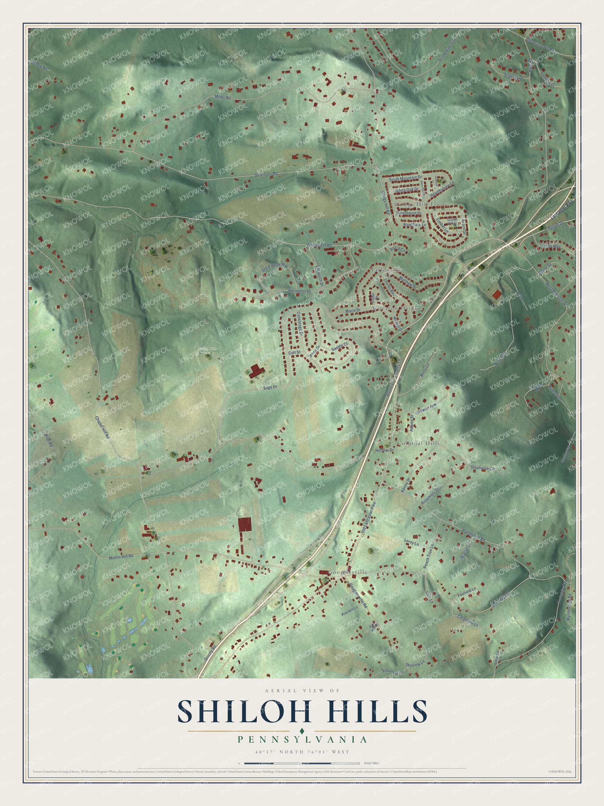 Full map of Shiloh Hills, Pennsylvania, with red buildings, printed street names and the land around them