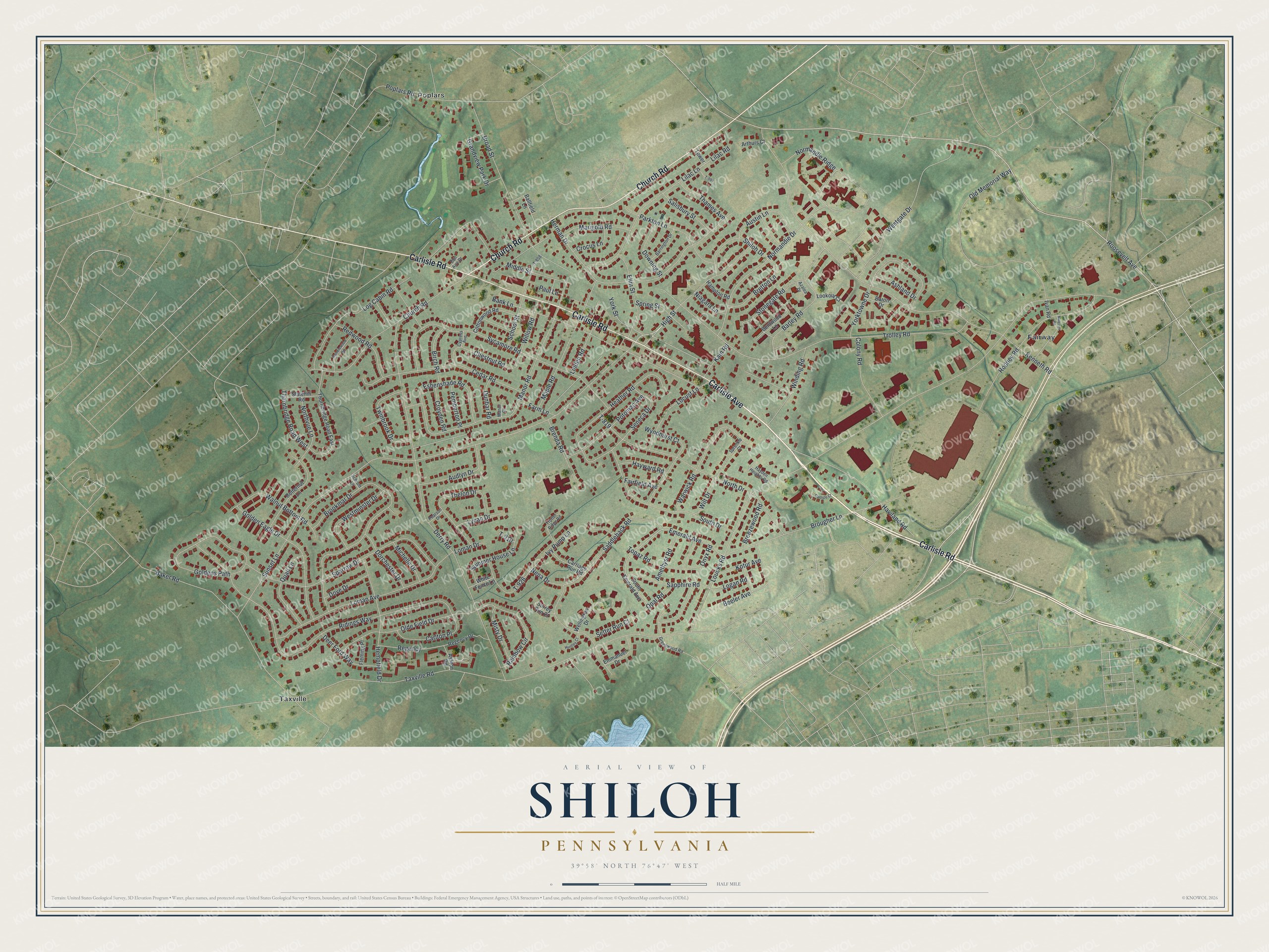 Full map of Shiloh, Pennsylvania, with red buildings, printed street names and the land around them