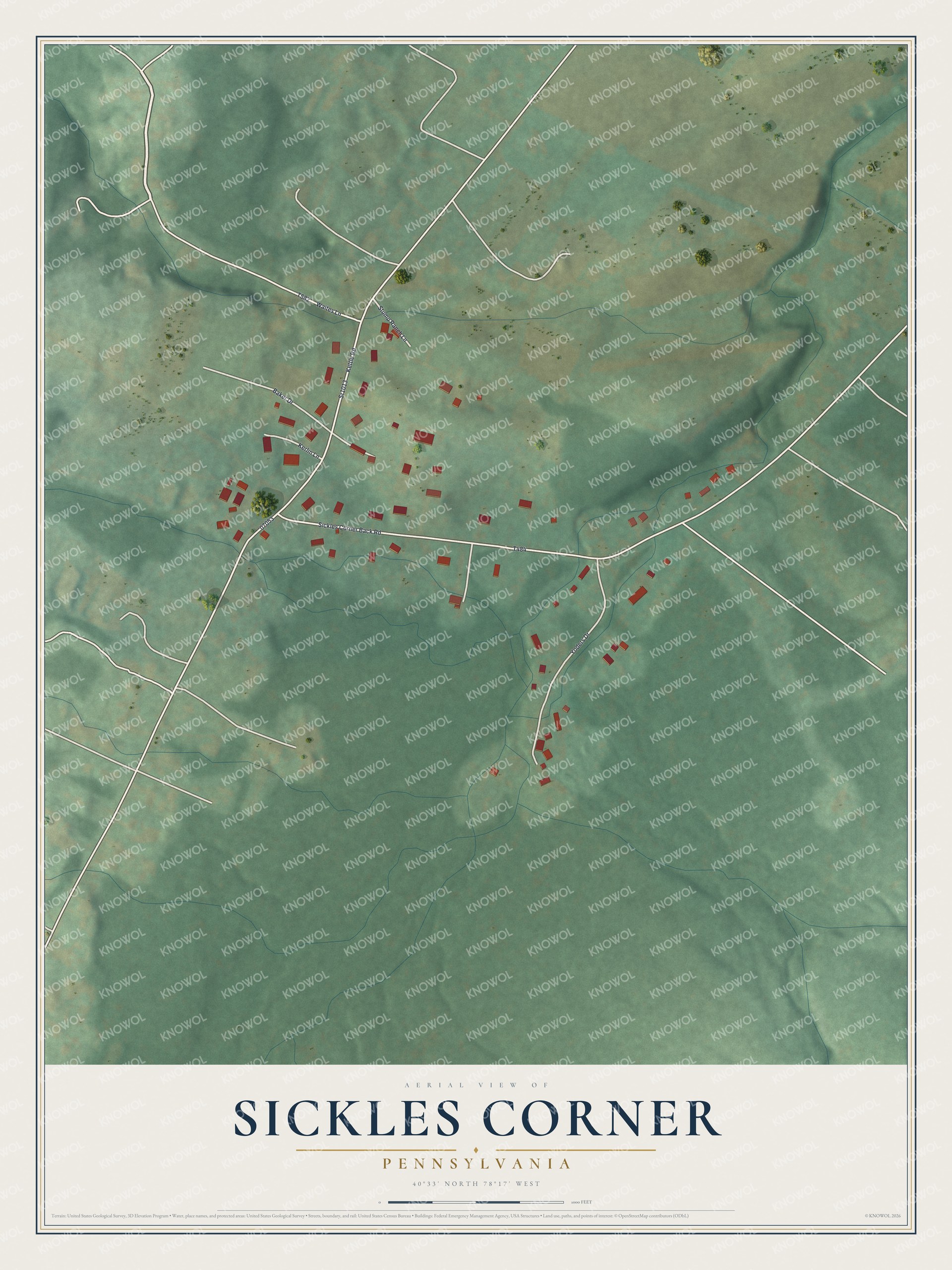 Full map of Sickles Corner, Pennsylvania, with red buildings, printed street names and the land around them