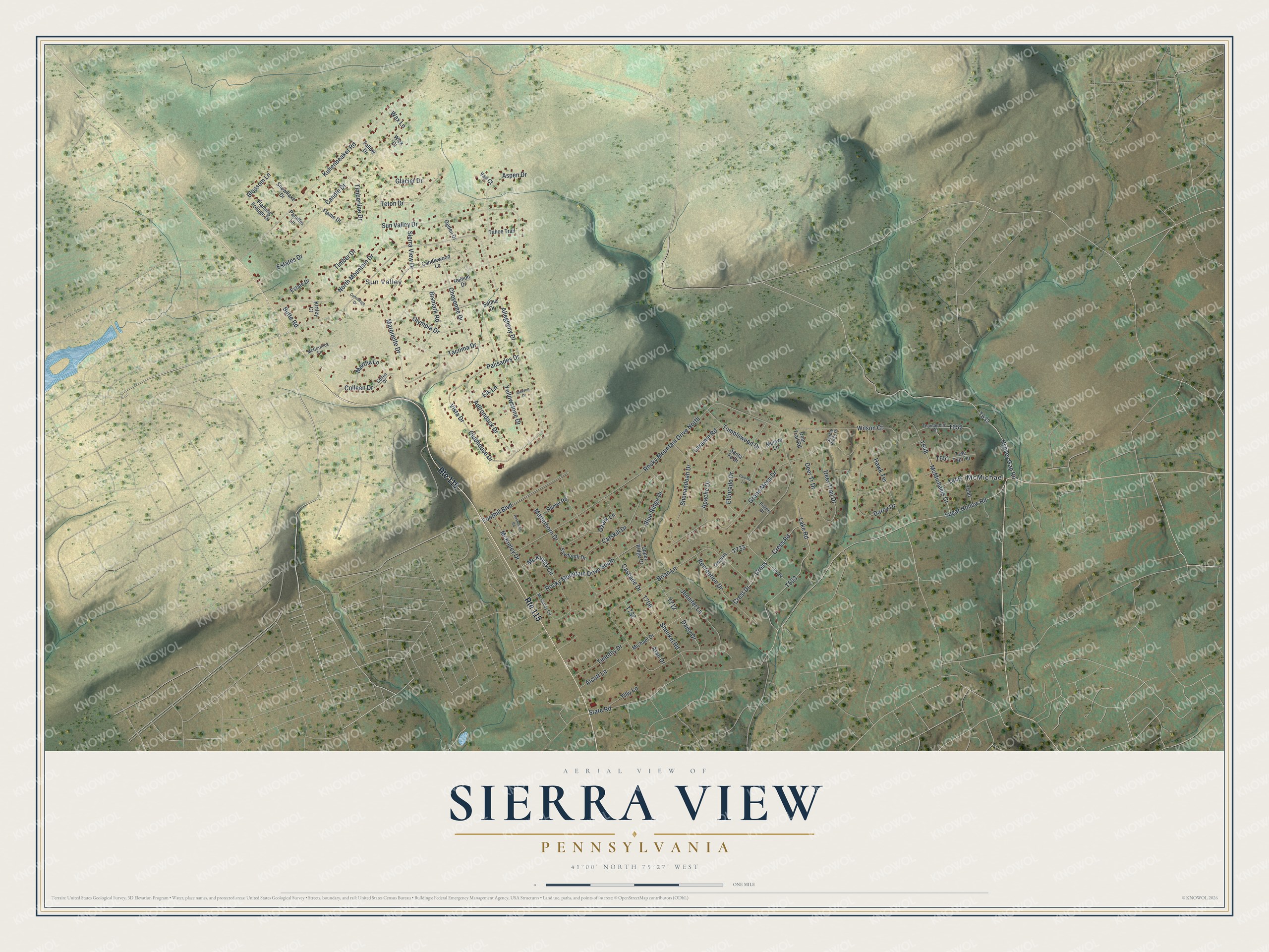 Full map of Sierra View, Pennsylvania, with red buildings, printed street names and the land around them