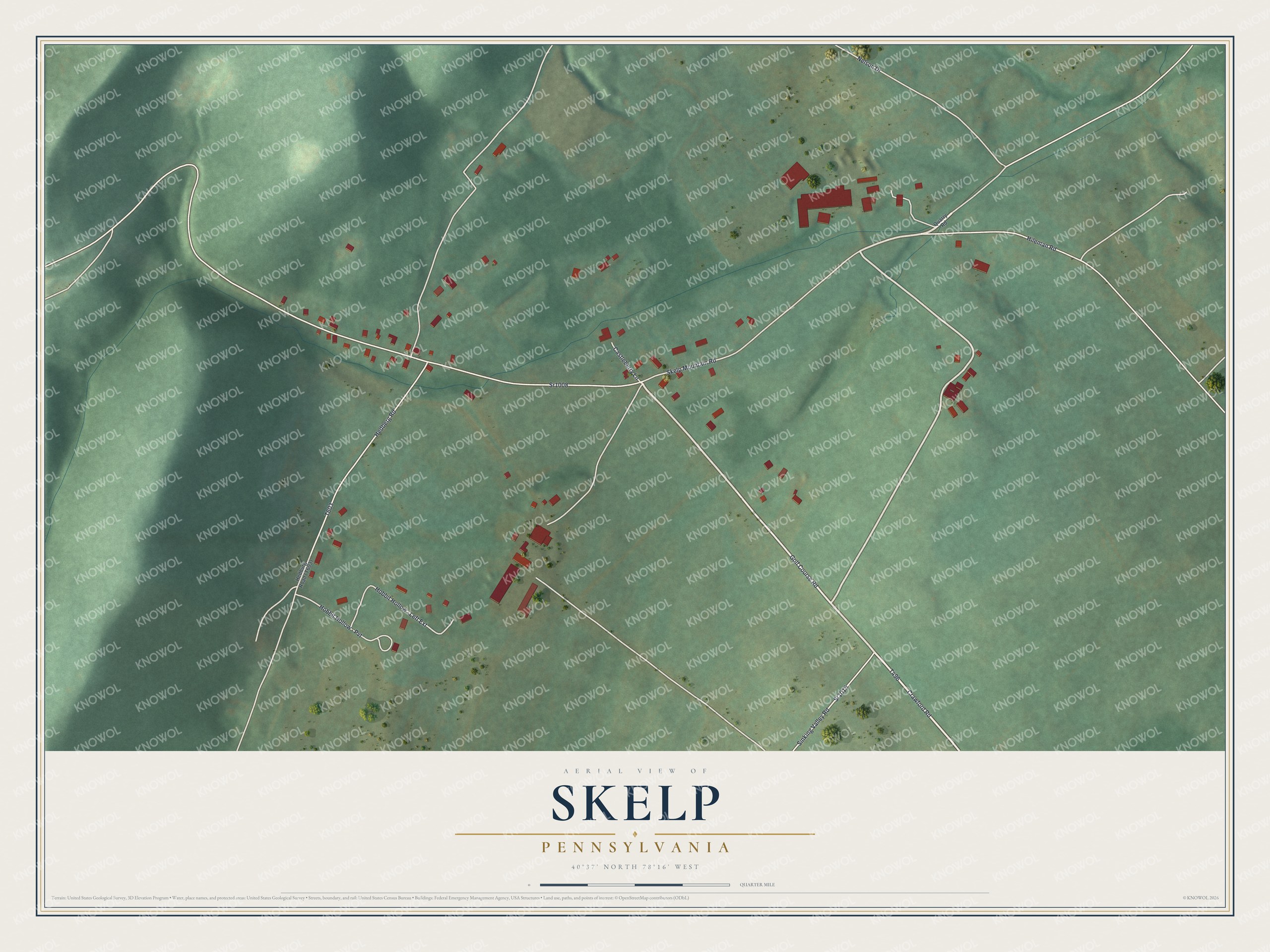 Full map of Skelp, Pennsylvania, with red buildings, printed street names and the land around them