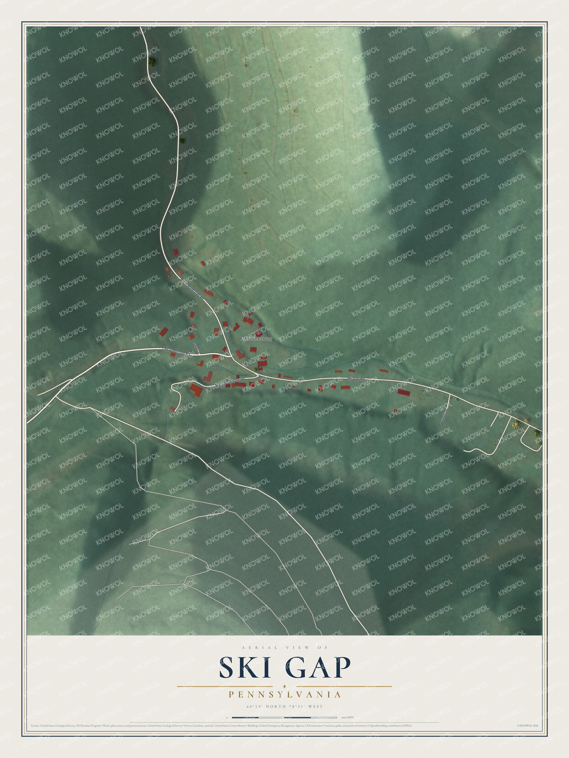 Full map of Ski Gap, Pennsylvania, with red buildings, printed street names and the land around them
