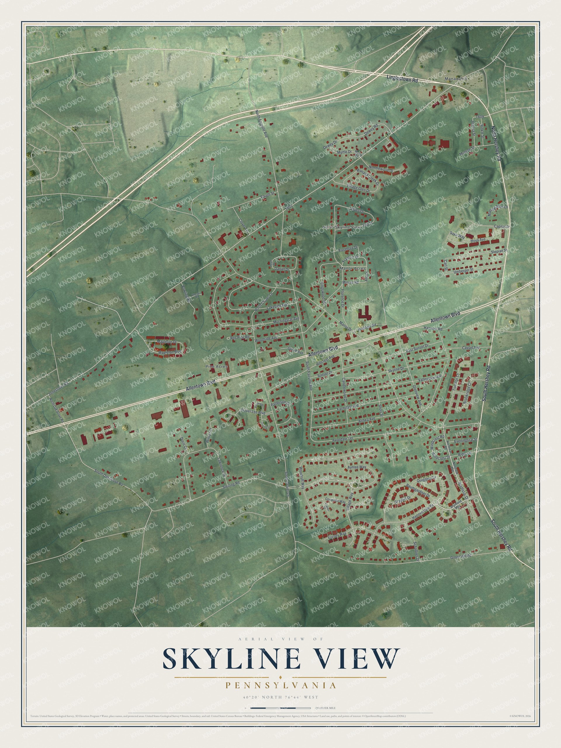 Full map of Skyline View, Pennsylvania, with red buildings, printed street names and the land around them