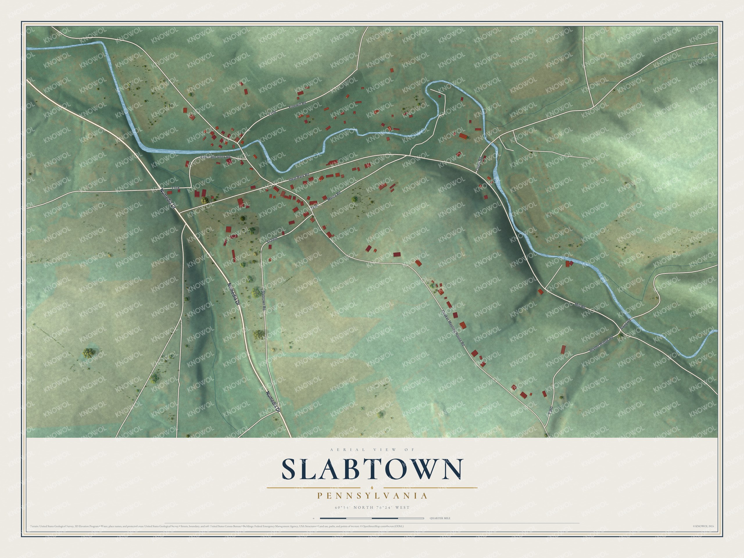 Full map of Slabtown, Pennsylvania, with red buildings, printed street names and the land around them