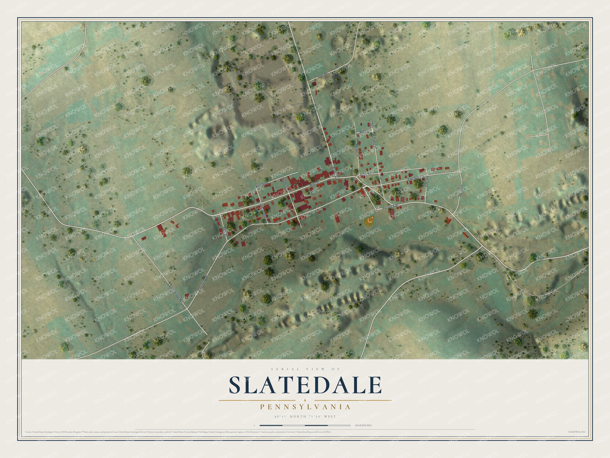 Full map of Slatedale, Pennsylvania, with red buildings, printed street names and the land around them