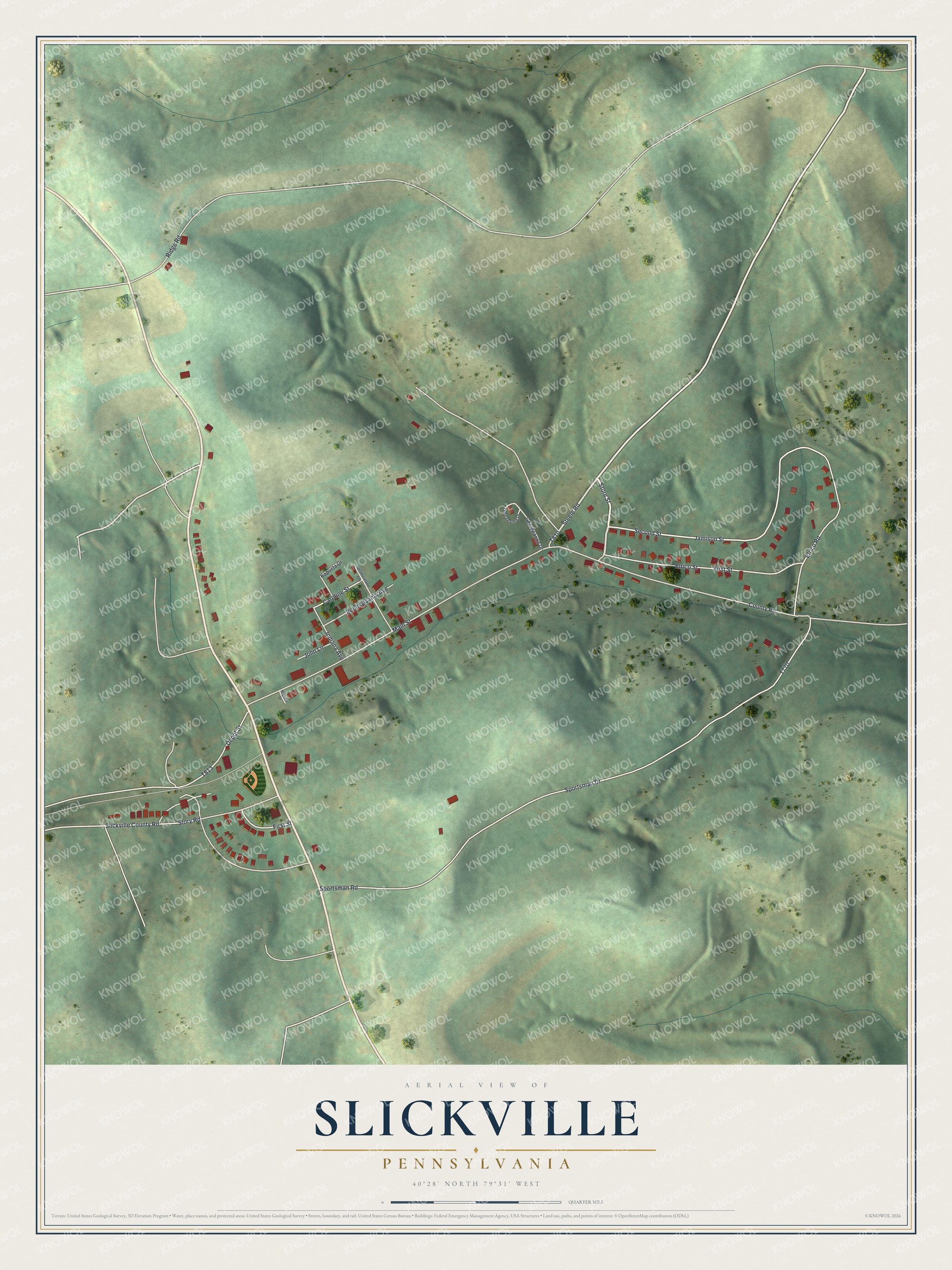 Full map of Slickville, Pennsylvania, with red buildings, printed street names and the land around them