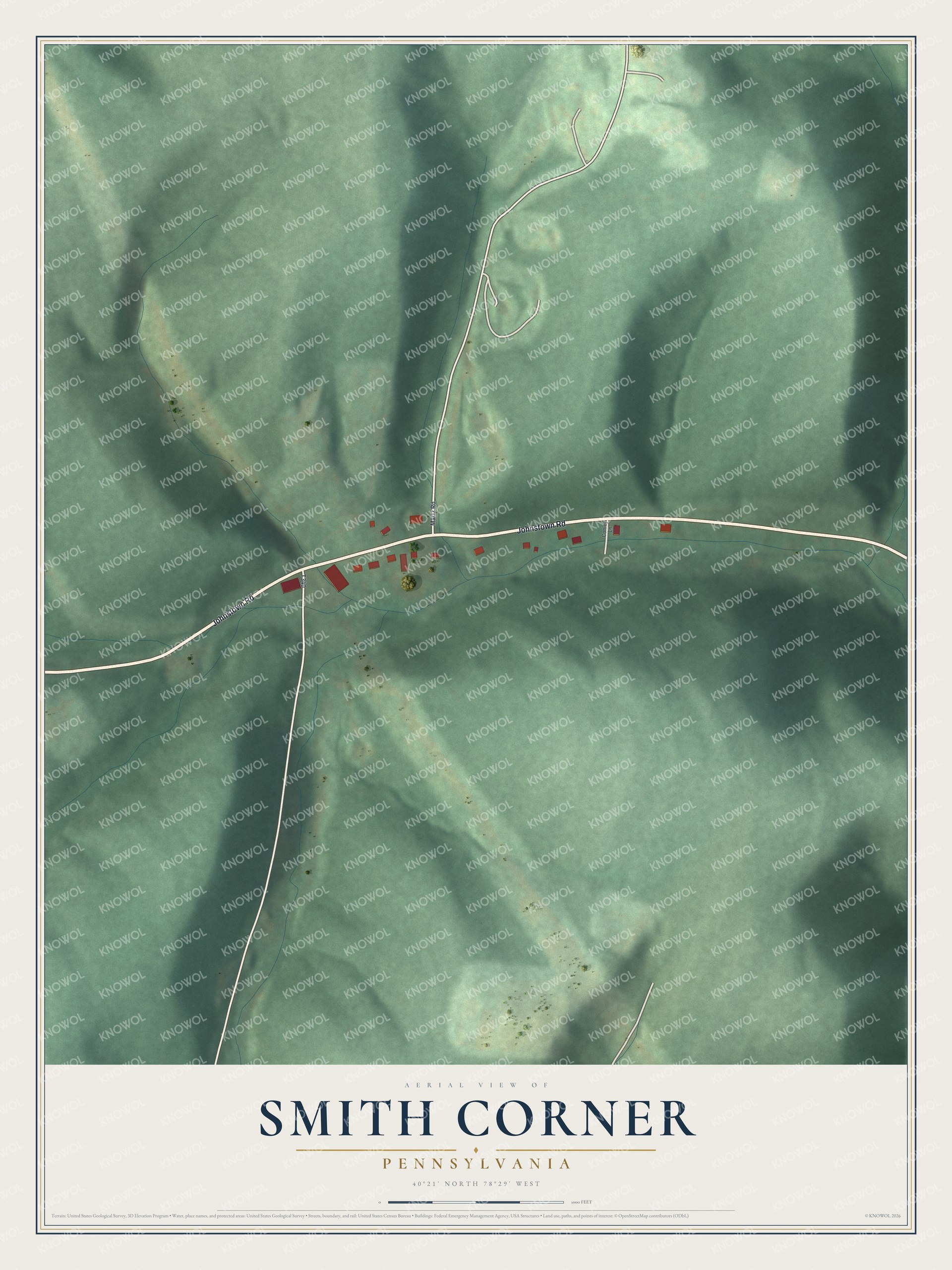 Full map of Smith Corner, Pennsylvania, with red buildings, printed street names and the land around them
